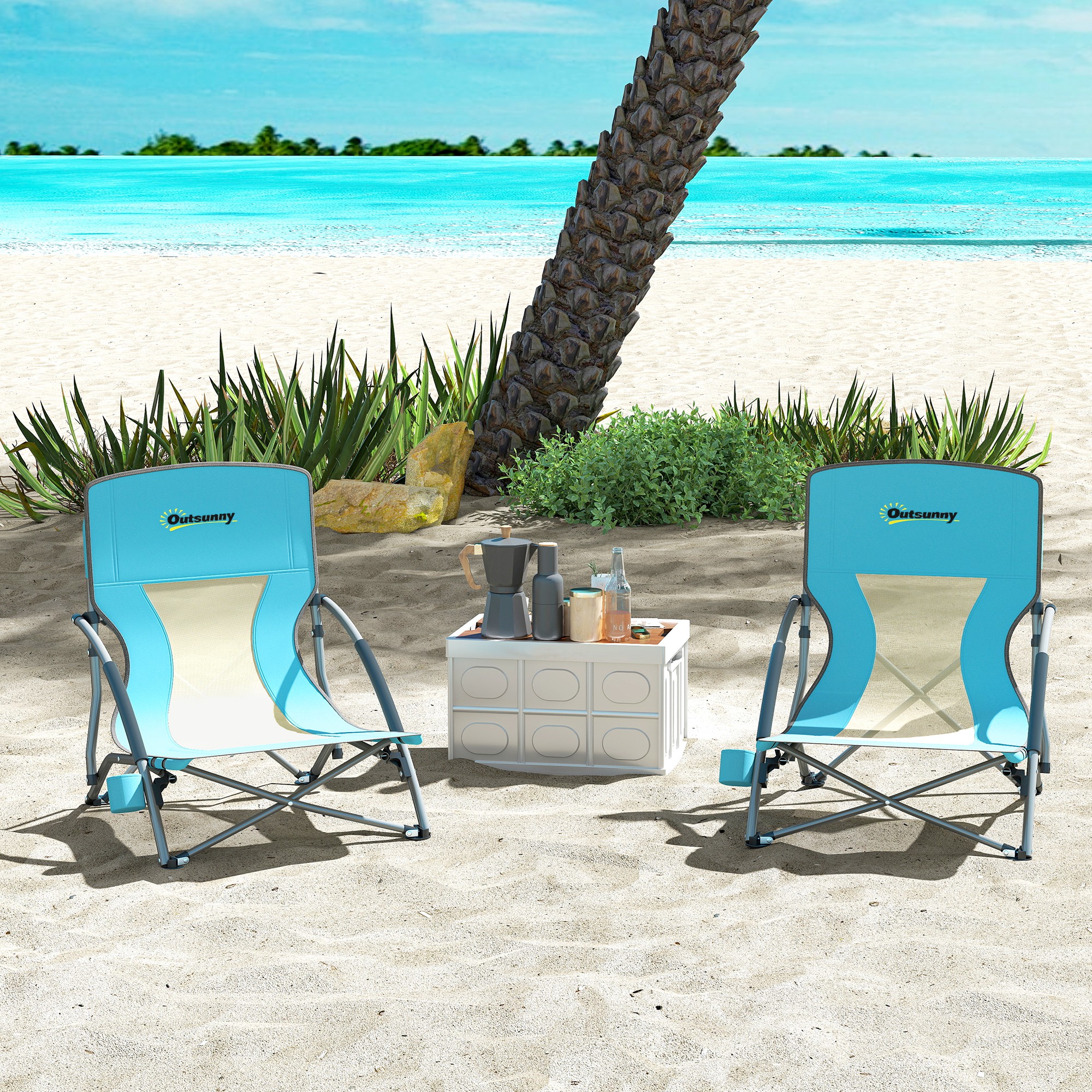 Outsunny Set mit 2 faltbaren Strandstühlen, leichte Campingklappstühle mit Transporttasche und Getränkehalter, 58 x 55 x 62 cm, blau