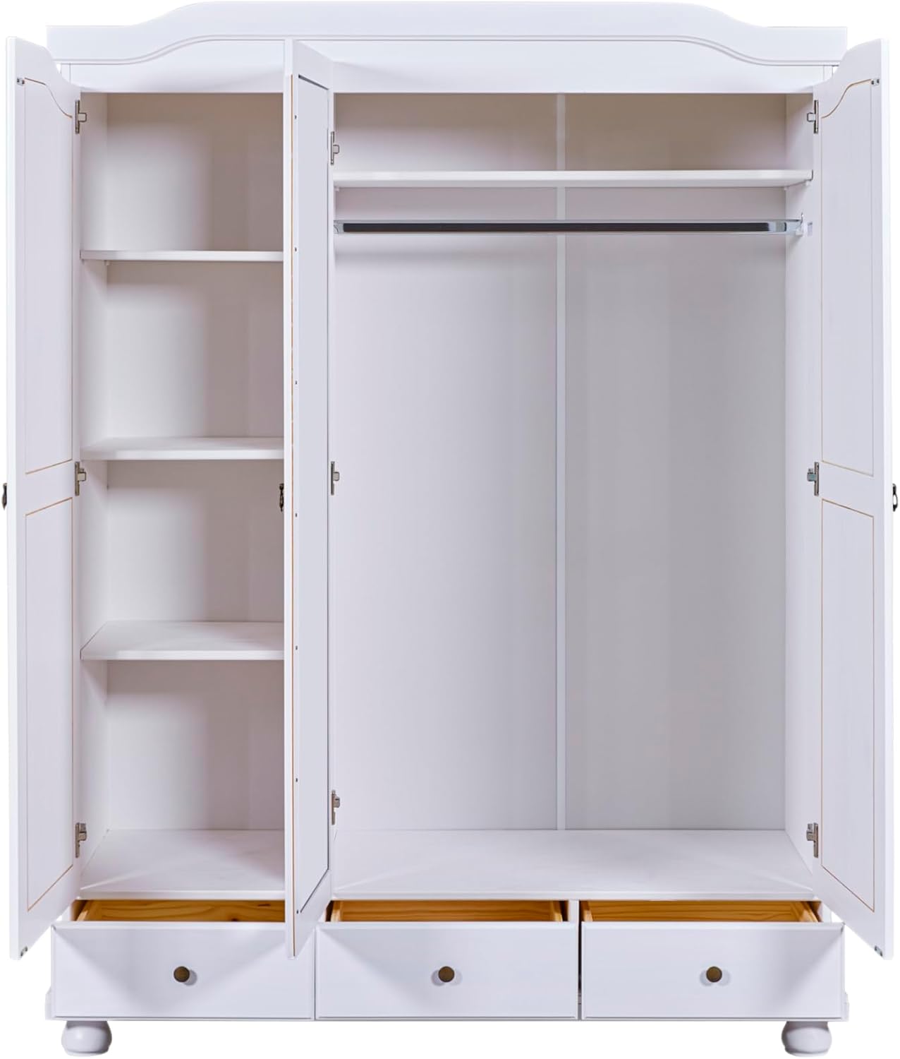 Inter Link - Kleiderschrank - Kiefer massiv - Garderobenschrank - Landhaus Still - Wäscheschrank - Mehrzweckschrank - Schlafzimmerschrank - 3 Türen - 3 Schubladen - Weiß lackiert - Kappl