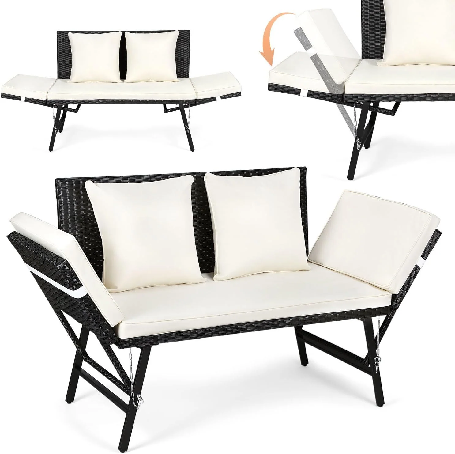 Gartenbank Polyrattan mit Liegefunktion 3 in 1, 2-Sitzer Outdoor Sofa für Garten, Balkon Sofa inkl. Kissen und Sitzpolster, Balkon & Terrasse, Beige