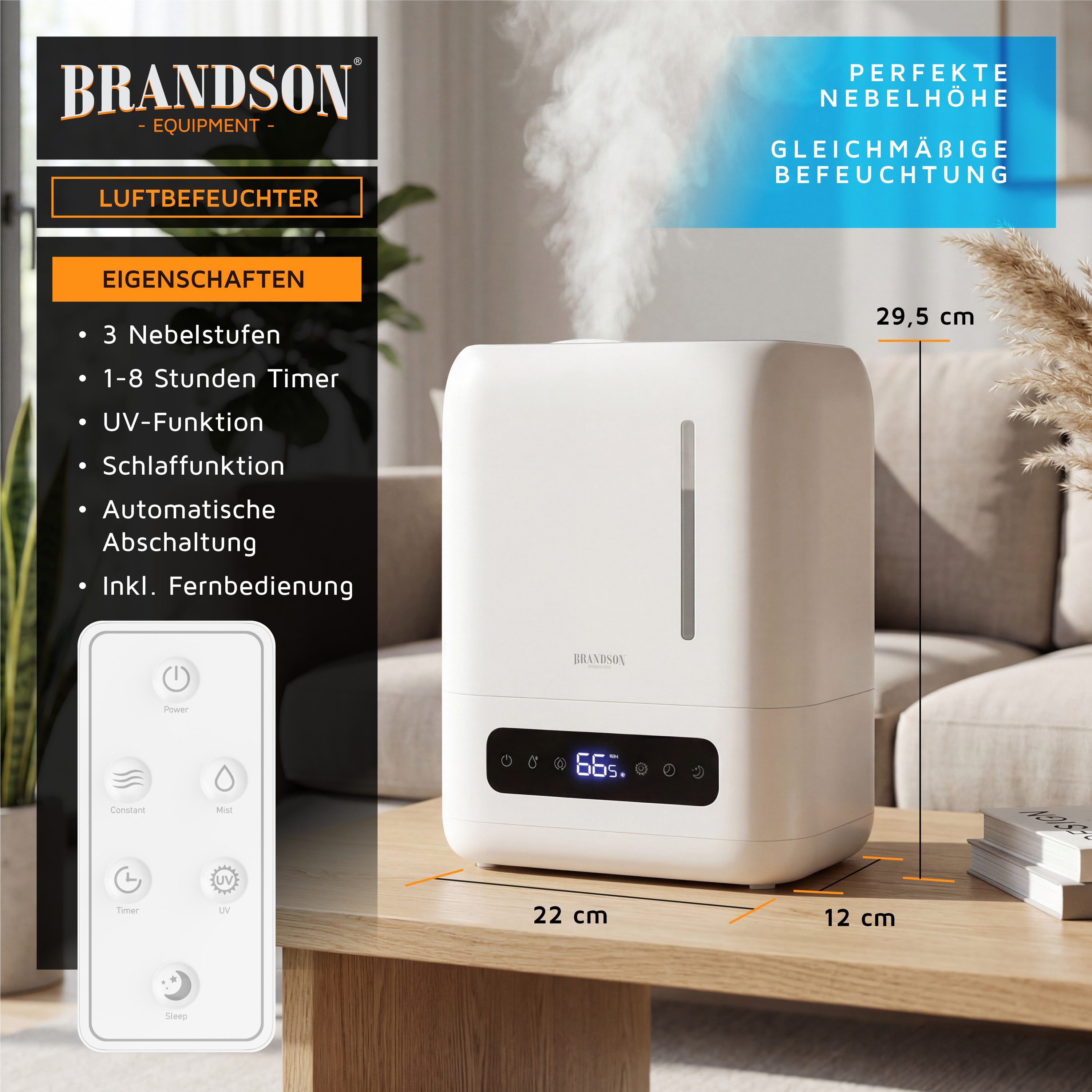 Luftbefeuchter 4 Liter mit Fernbedienung, Ultraschall, Digital Display, Schlafmodus