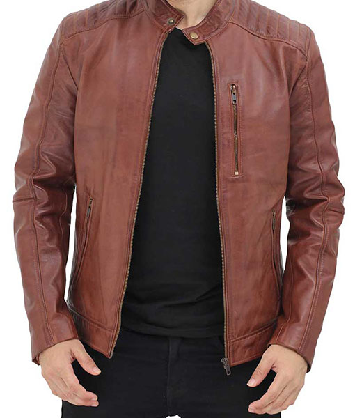 Michael Mens Brown Leather Cafe Racer Jacket