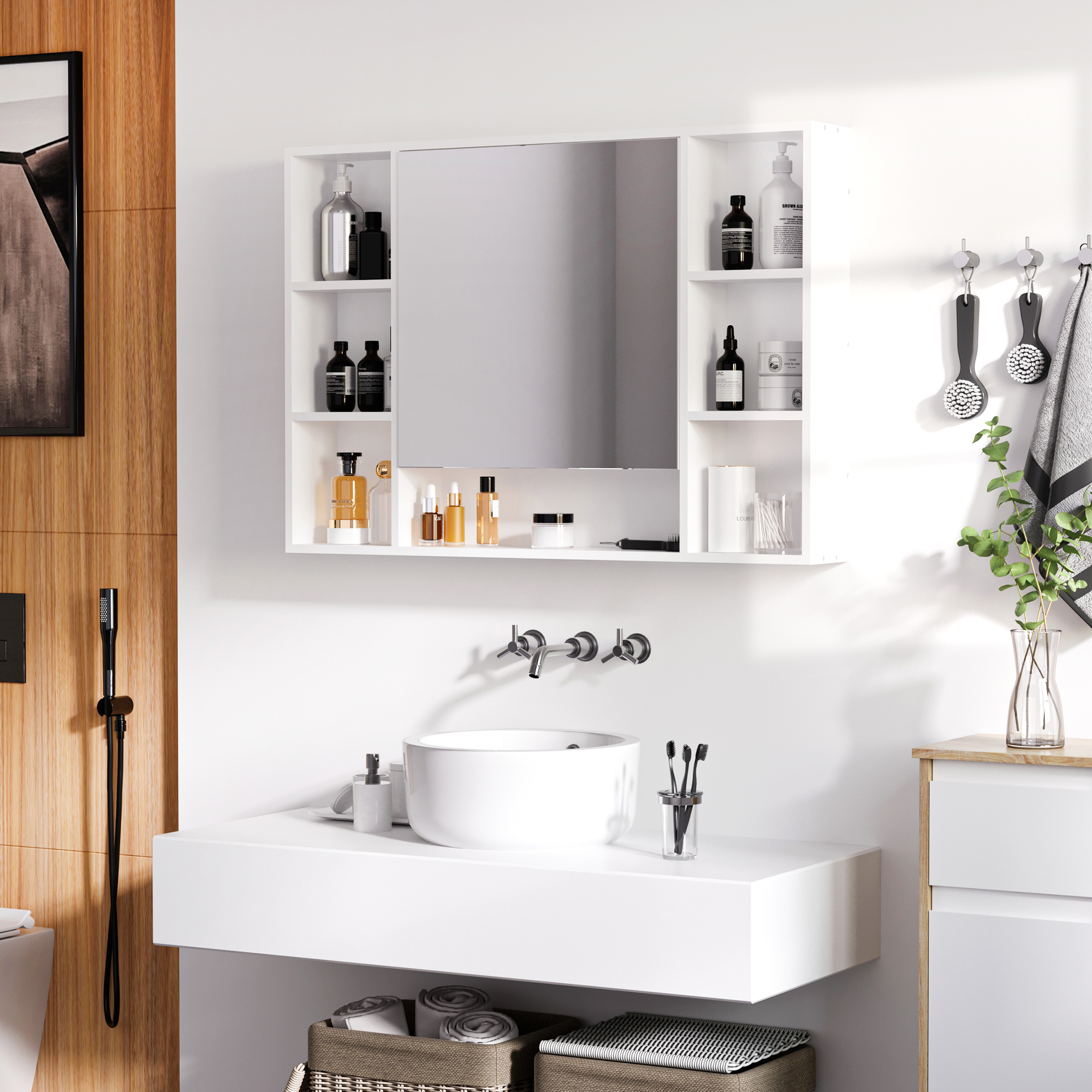 kleankin kleakin Spiegelschrank mit 6 Regalen Spiegelglas MDF Weiß