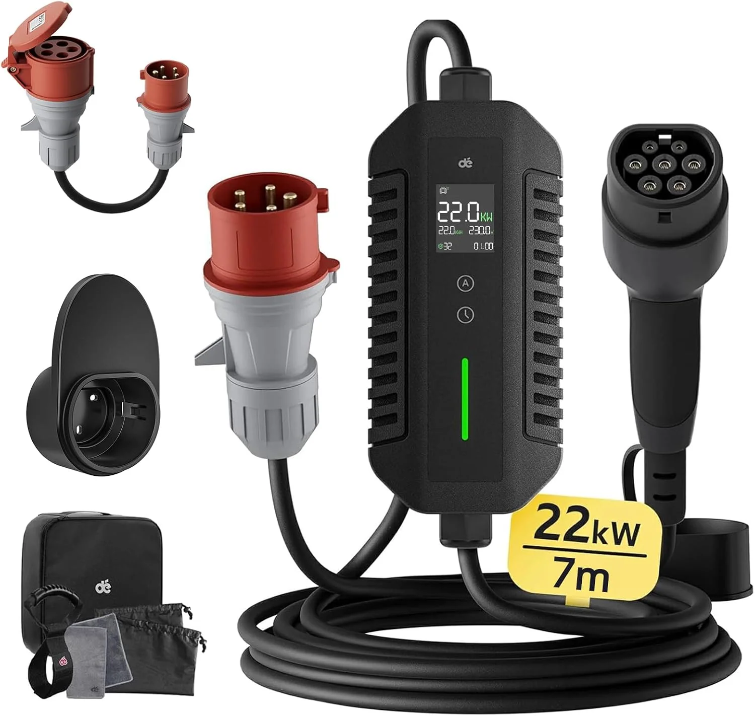 dé Ladestationen, 22 kW, 7m, Schwarz/Rot/Grau, Mobile Wallbox/Ladestation [3-phasig, 6-32A] mit stromzähler, ID.3/4/5
