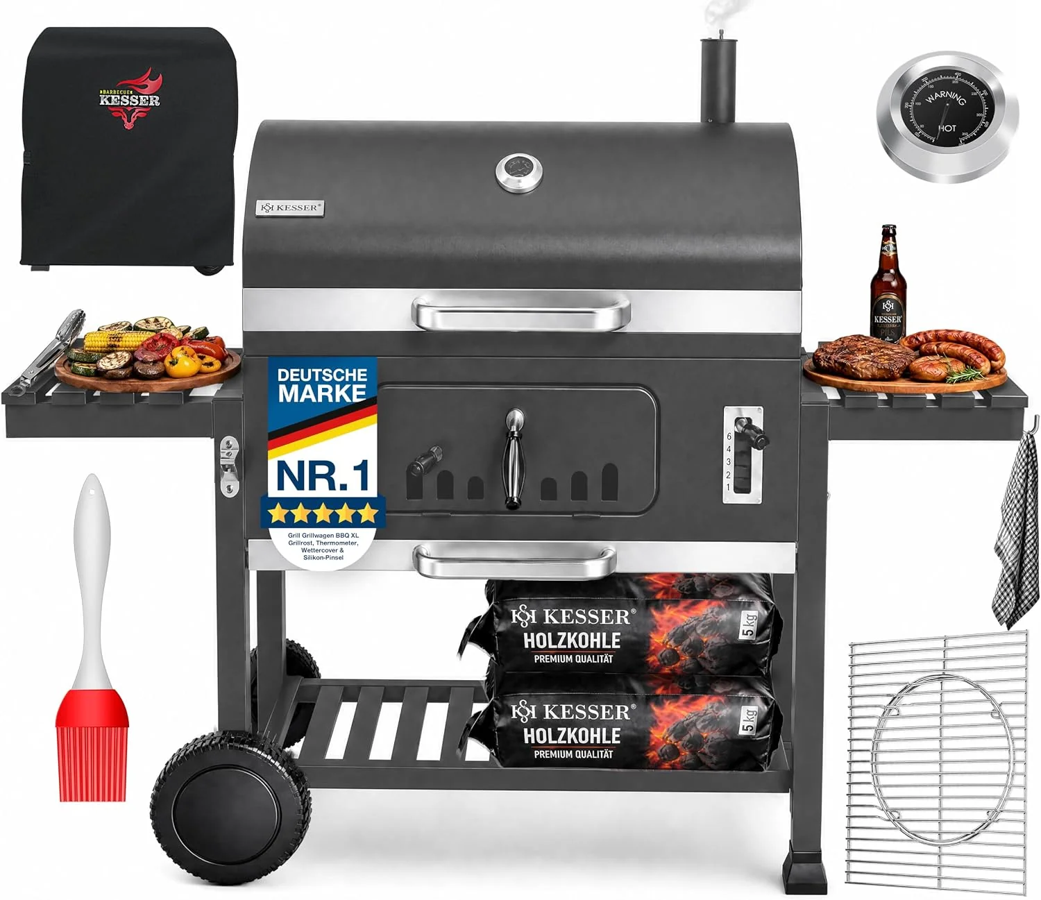 KESSER Holzkohlegrill XXL Grillwagen Set mit Deckel & Thermometer, Smoker Grill mit Kamin & Lüftung, mit Grillrost, großer BBQ Kohlegrill Wagen