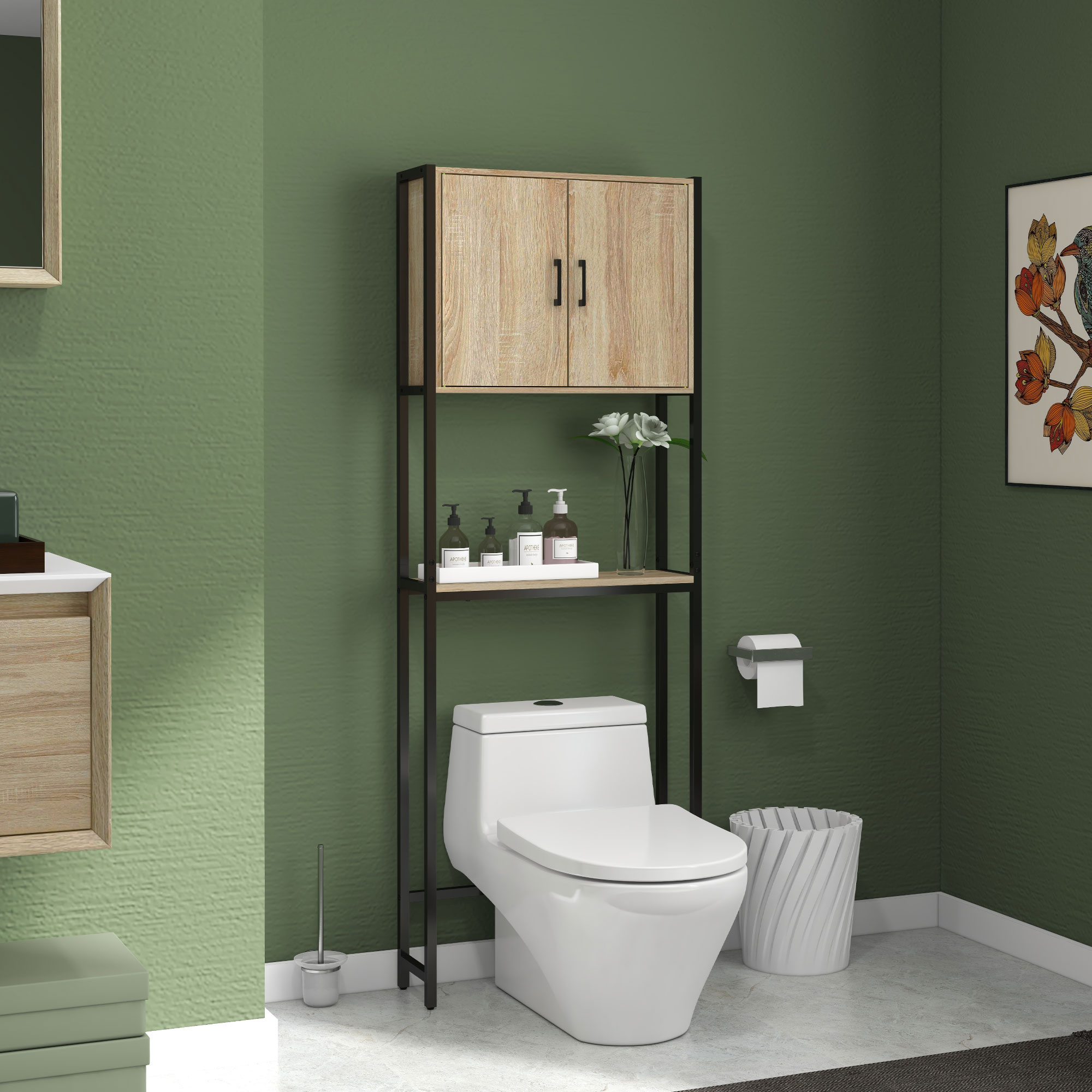kleankin Toilettenregal Badezimmermöbel über Toilette WC mit 2 Türen und offenem Regal