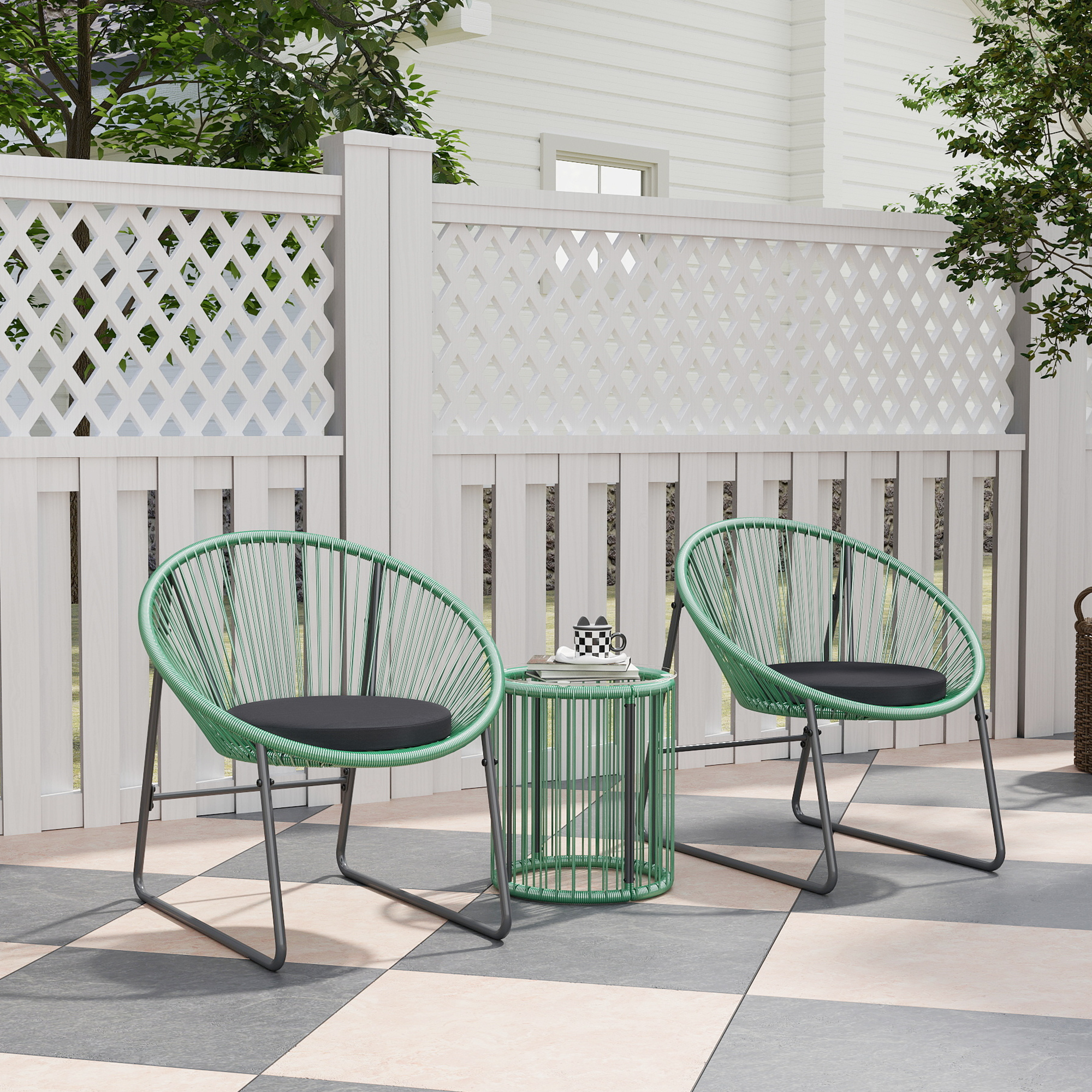 Outsunny 3-teiliges Outdoor-Möbelset, 1 Tisch, 2 Stühle, Glastischplatte, Kunststoff-Rattan um Stahlrahmen, weiche Kissen, Grün