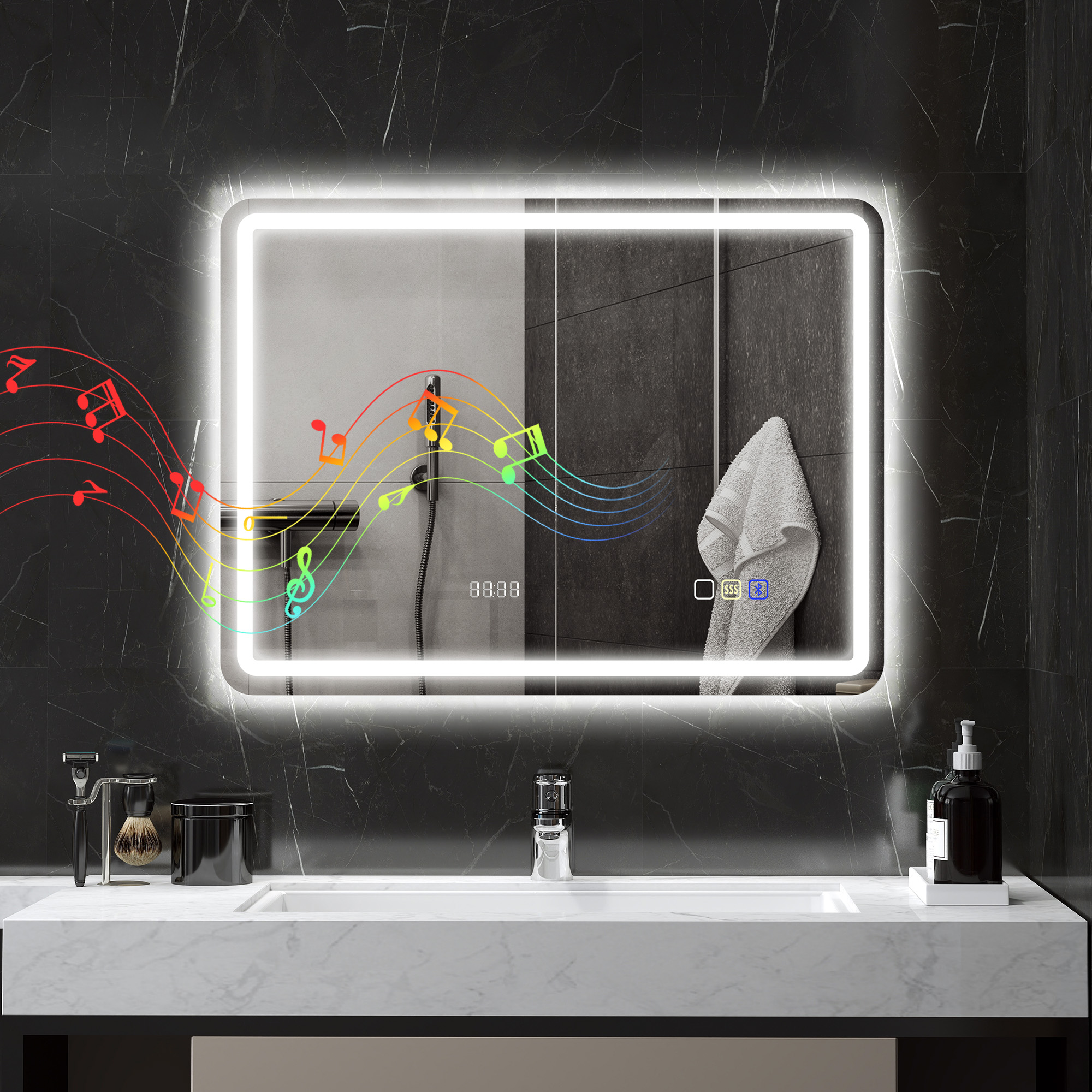 HOMCOM Badezimmerspiegel mit LED-Licht 80x60 cm mit Bluetooth 3 Lichtfarben Digitale Uhr Anti-Beschlag-Memory-Funktion