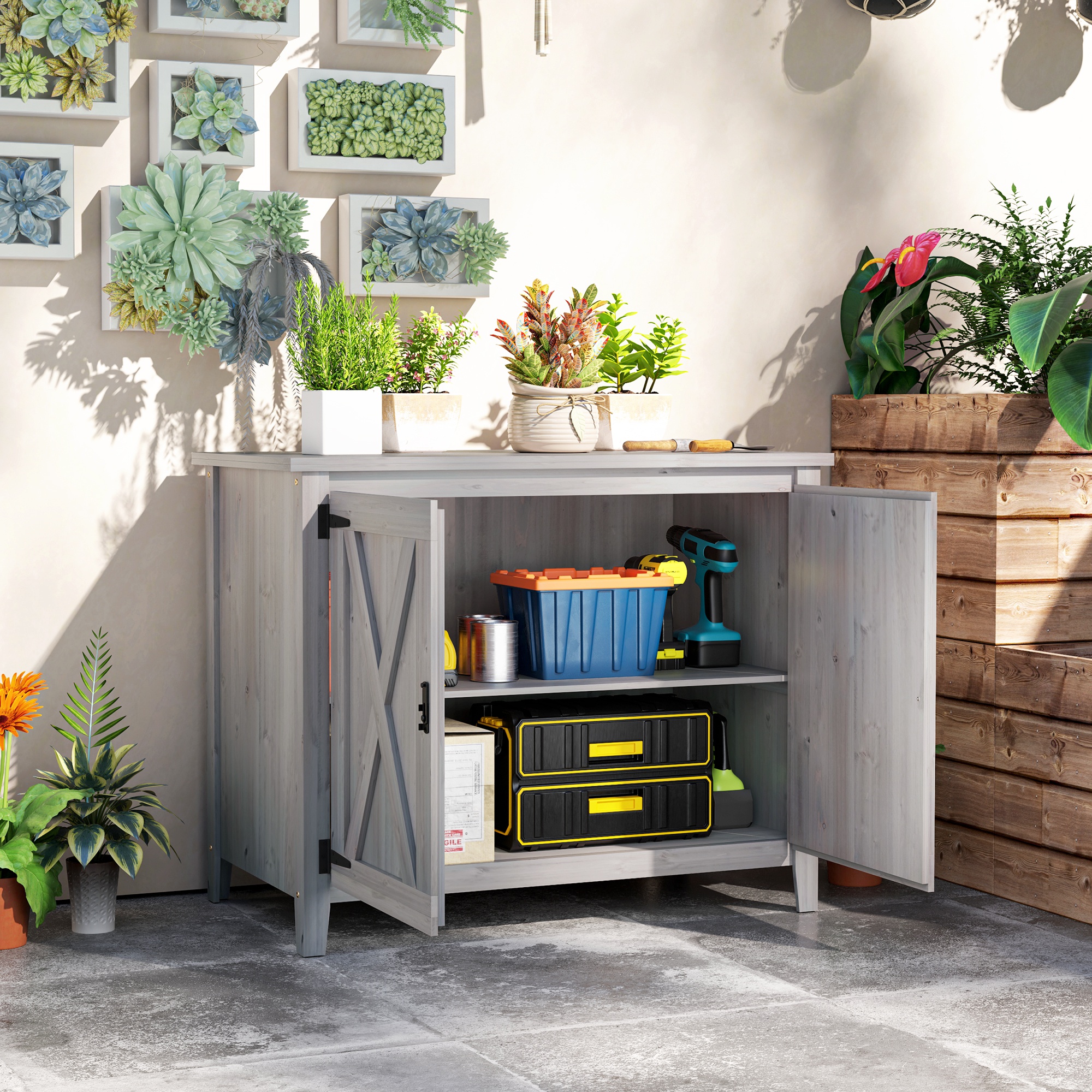 Outsunny Tuinkast, Houten Schrank voor Tuingereedschap, Buitenkast voor Terras, met Dubbele Deuren, Schuurontwerp, Lichtgrijs