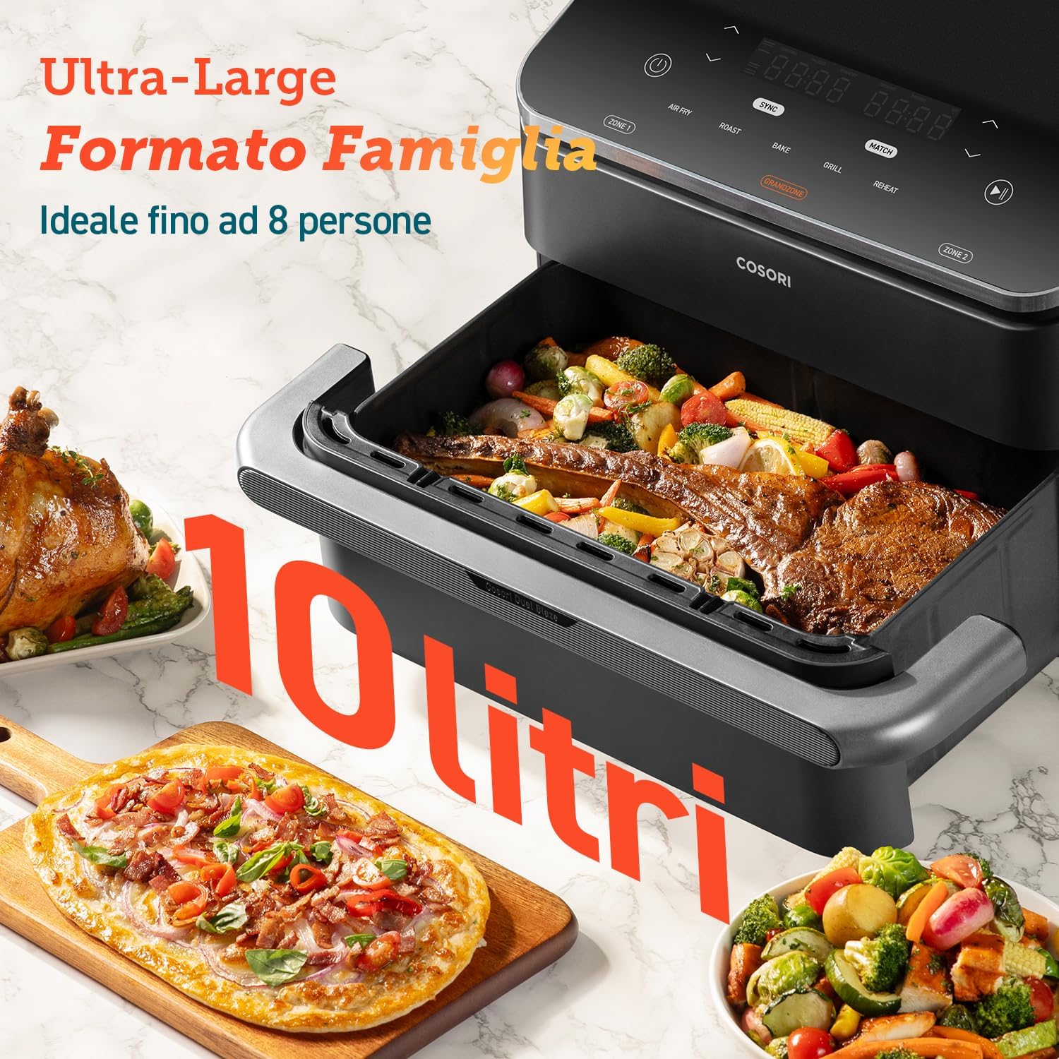 COSORI Friggitrice ad Aria 10 Litri, 7 in 1 Doppia Resistenza TwinFry con Doppio Cestello 5L&5L e Separatore Rimovibile, 2800W Air Fryer WiFi, 40-240℃, 70 Ricette Online, TF-102S