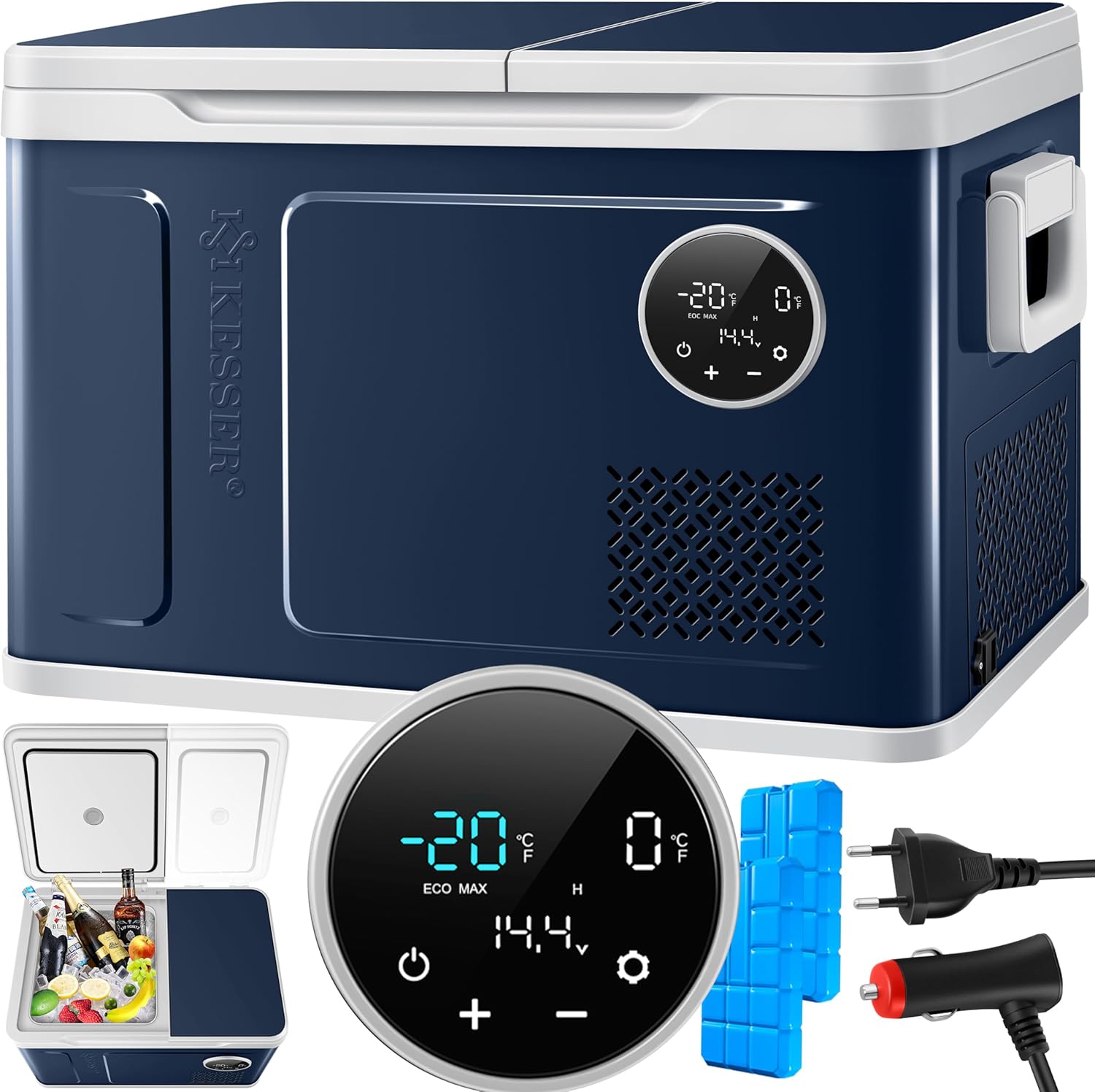 KESSER Kompressor Kühlbox 2in1 Doppelzone Kühl & Gefrierfach elektrische Gefrierbox mit 2x Kühlakkus & LED-Touch-Bedienung | Kühlschrank Kühlung bis -20 °C für Camping, Auto, Lkw 12/24V 230V
