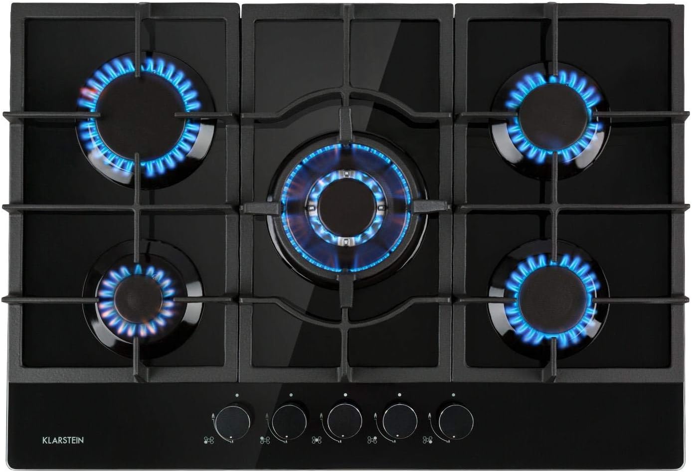 KLARSTEIN Ignito - Piano Cottura a Gas, Piastra da Incasso, Bruciatore Sabaf, Gas Naturale/Gas Propano, Valvole di Sicurezza, Spegnimento Automatico, Acciaio Inox, 5 Fuochi, 75 cm, Nero