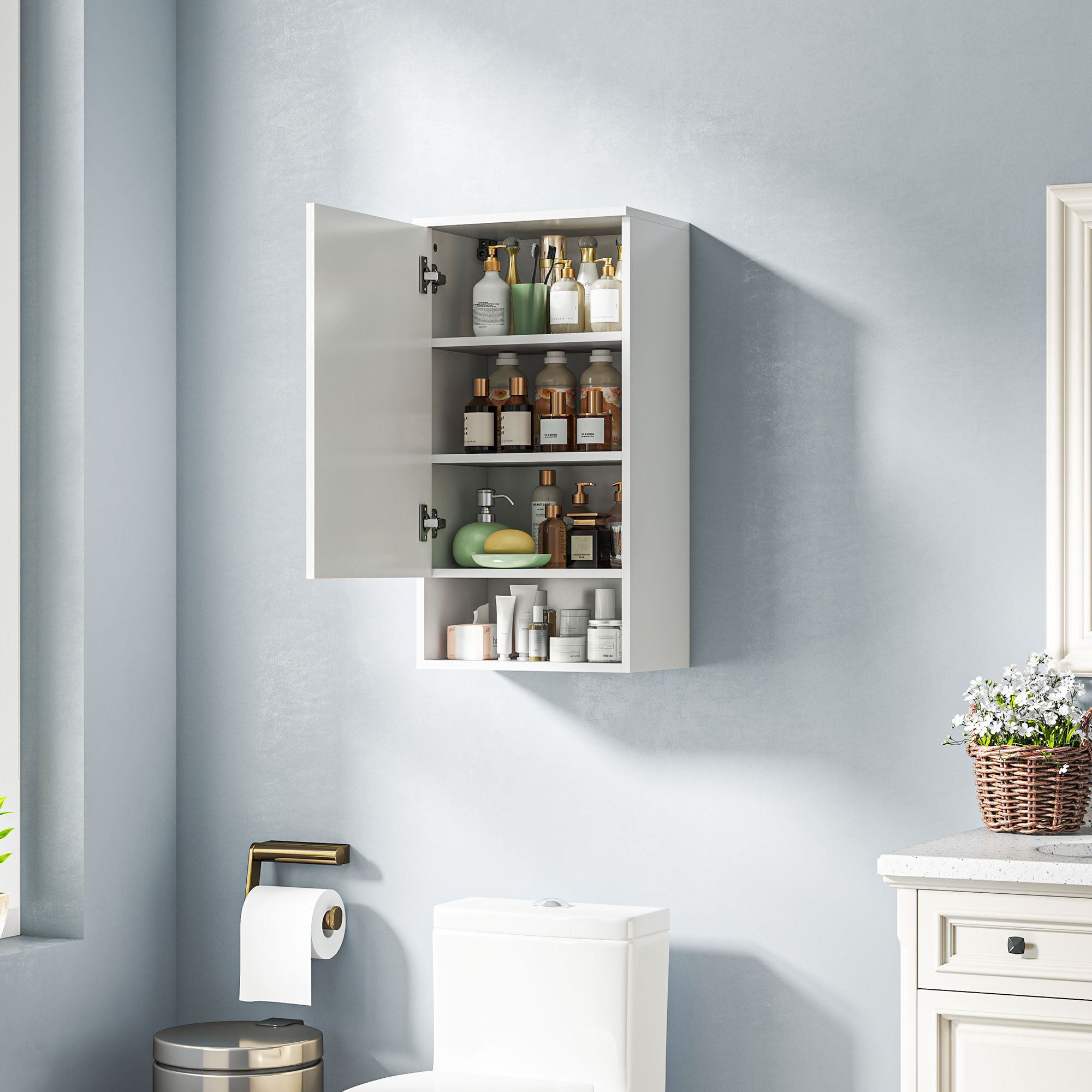 HOMCOM Wandmontierter Badezimmerschrank, Wandschrank für Badezimmer mit verstellbaren Ablagen, offenem Fach, Holz, Weiß
