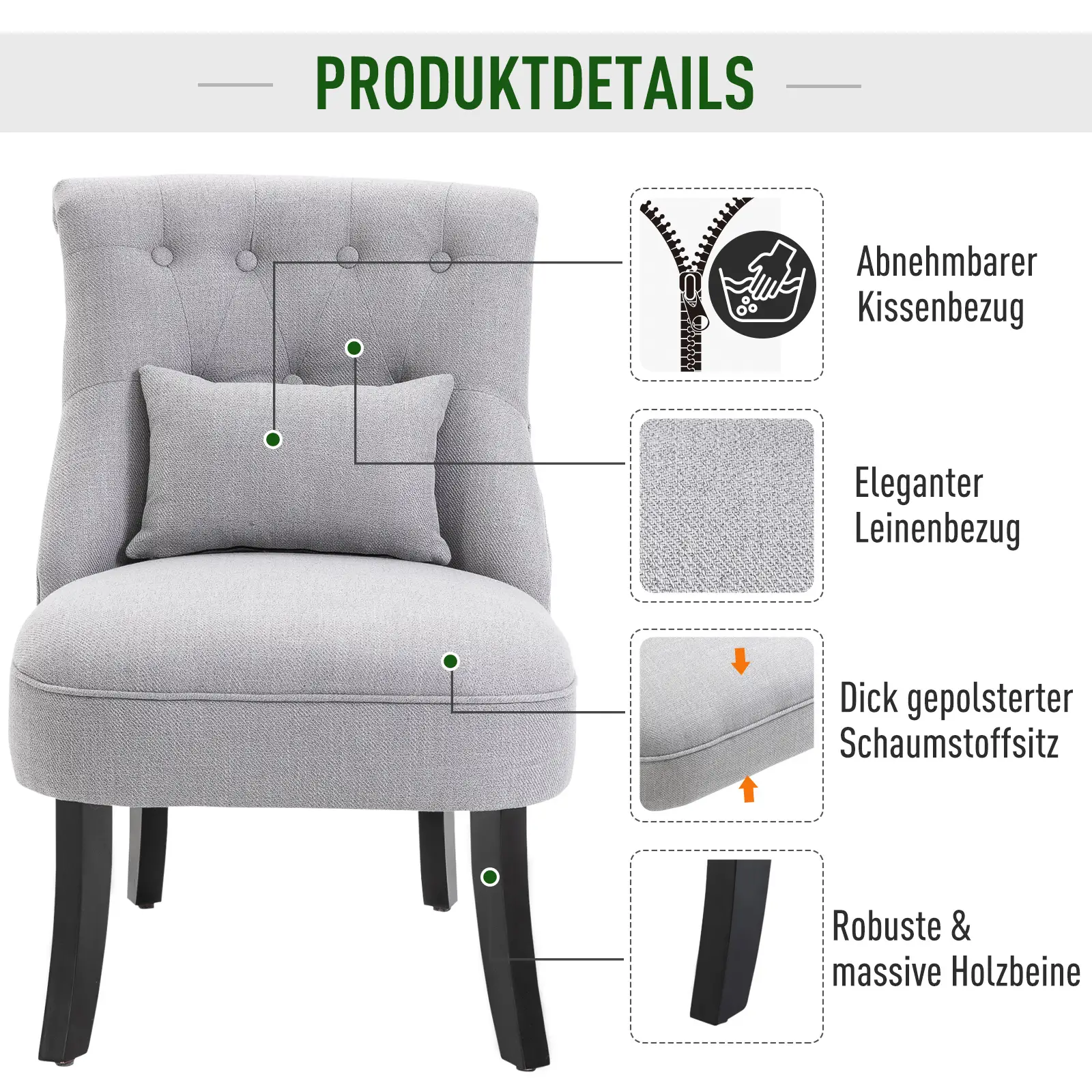 HOMCOM Polstersessel Vintage-Stil mit Rückenkissen Leinenoptik Grau