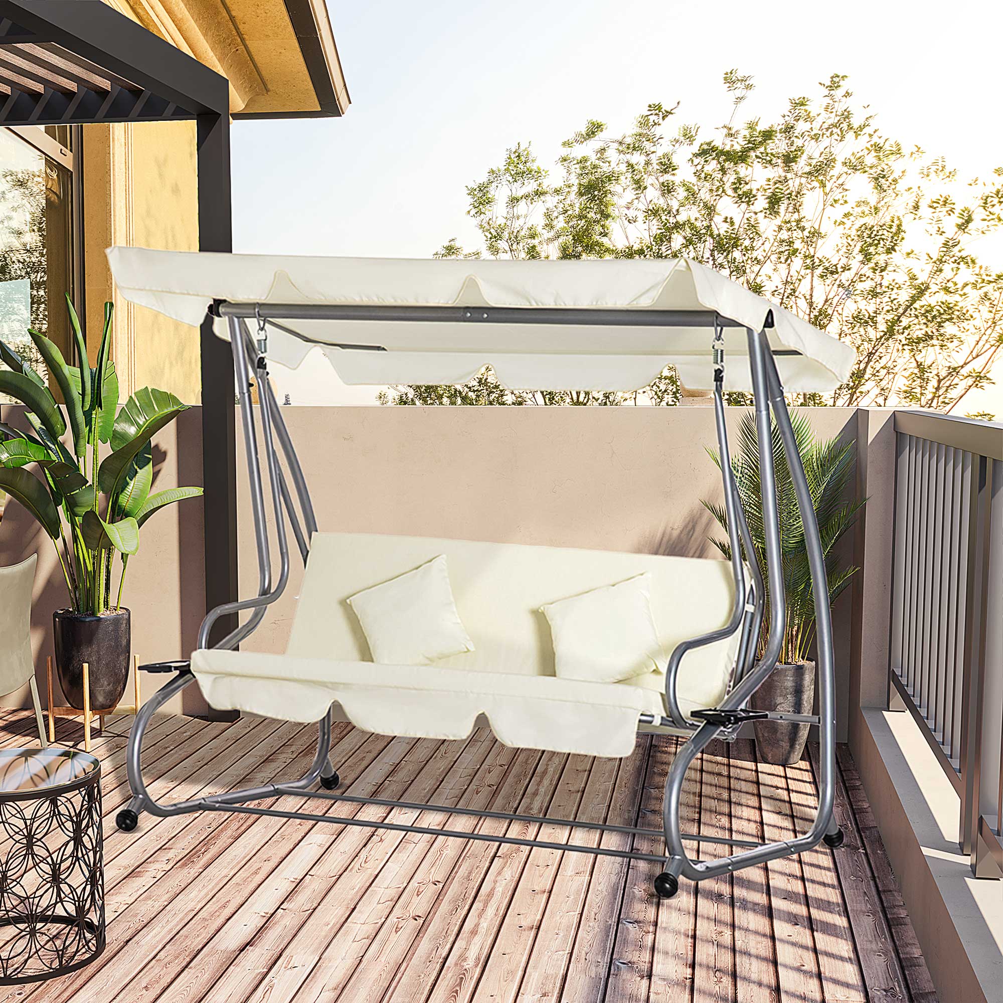 Outsunny Schaukelstuhl 3-Sitzer Gartenschaukel Hollywoodschaukel mit Sitz- und Rückenlehnen Tablett Schwingbank Sitzbank Dachwinkel verstellbar Stahl Polyestergewebe 200 x 120 x 164 cm Beige