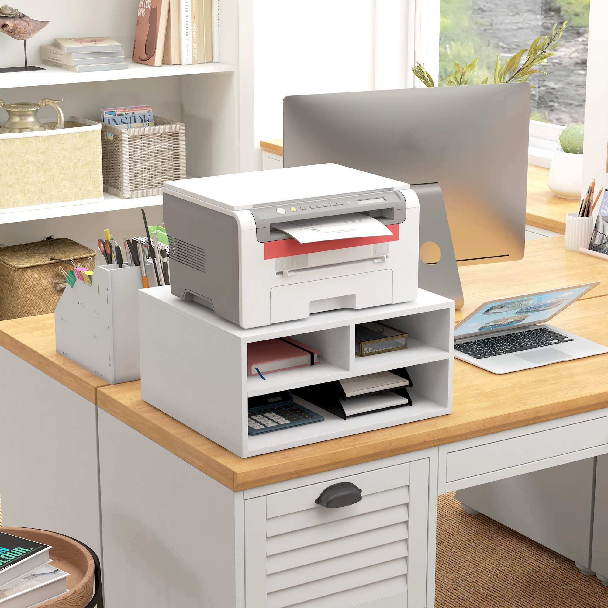 HOMCOM Schreibtischorganizer in Weiß mit 3 Fächern und Druckerständer 47 x 40 x 22,5 cm