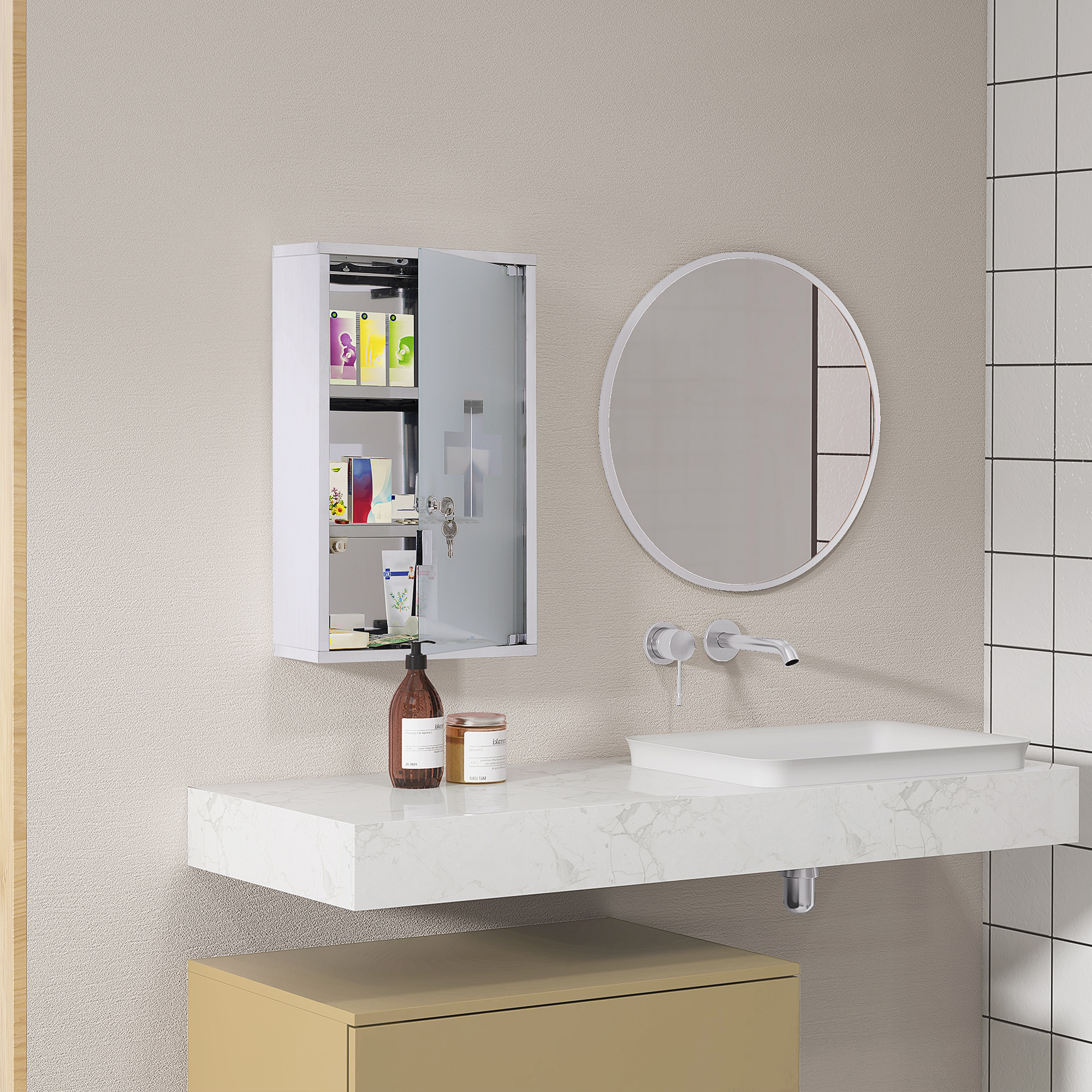 HOMCOM Medizinschrank Arzneischrank aus Edelstahl, Abschließbar Medikamentenschrank mit 3 Fächern, Glastür Apothekerschrank zur Medikamenten-Aufbewahrung, 30 x 18 x 50 cm