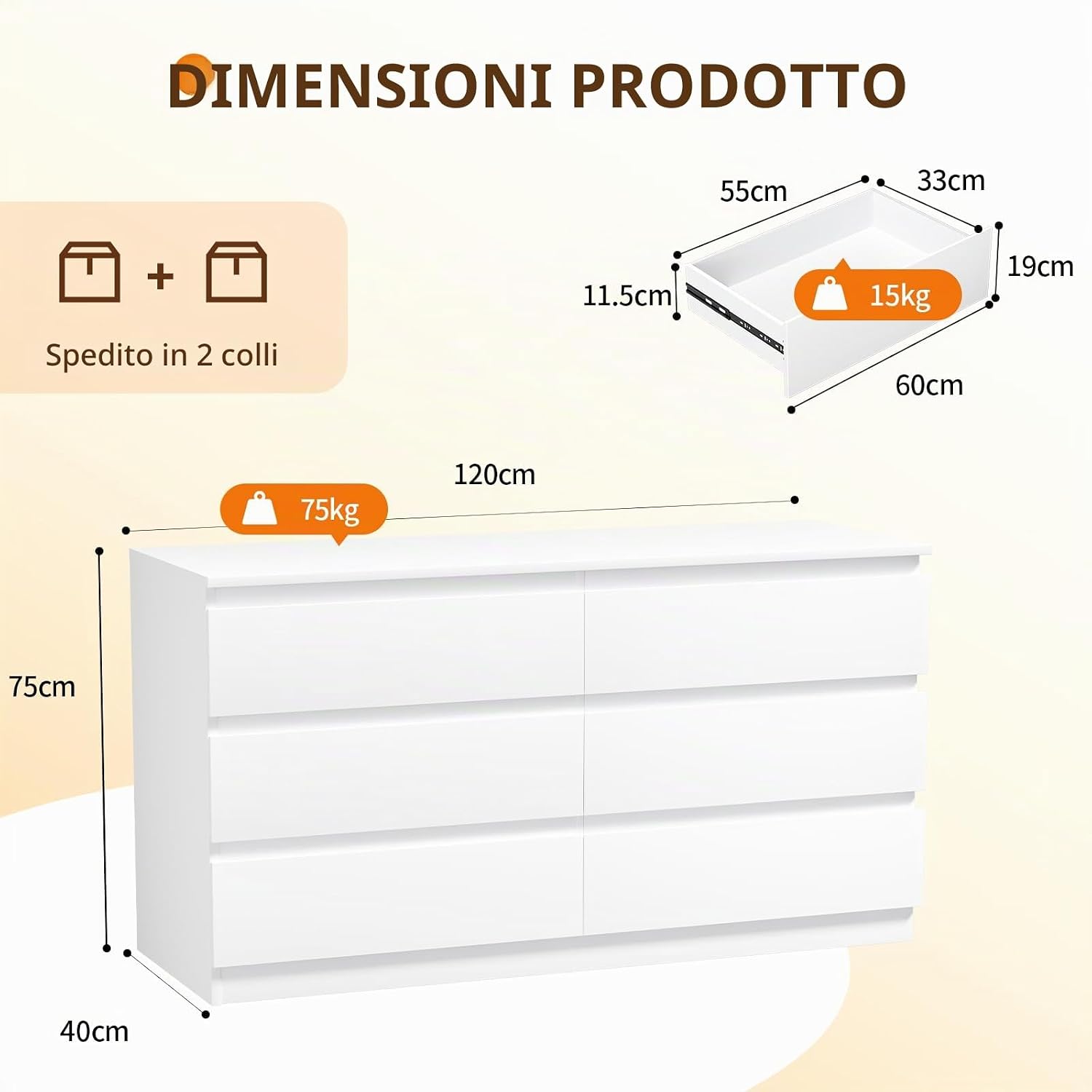 YOUDENOVA Comò con 6 cassetti, Bianco Legno Comò per Camera da letto Ingresso Soggiorno, Cassettiera Profondità 40 cm, Comò Larghezza 120 cm, Mobile Moderno, 120 x 40 x 75 cm