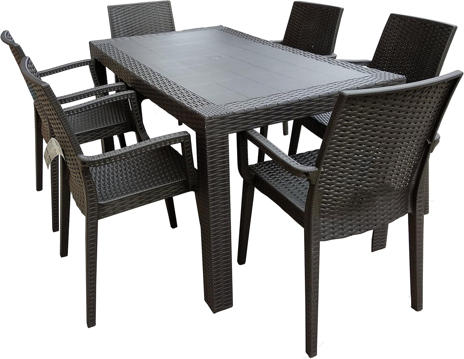Dimaplast2000 AMZ004 Set Garden Top Table and 6 Armchairs in Resin Rattan Effect for Garden, Anthracite, 140 x 80 x 72 cm