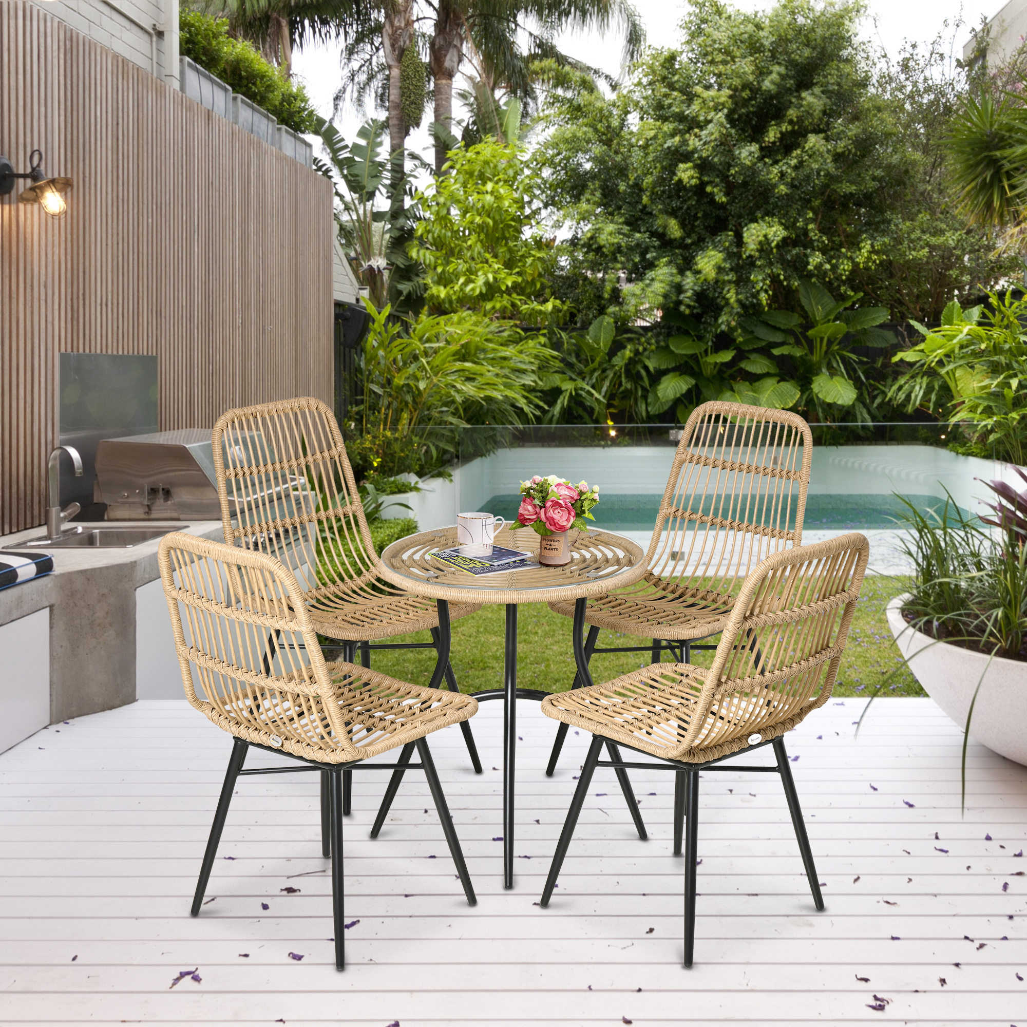 Outsunny 5-delige Polyrattan tuinmeubelset, eettafel met 4 stoelen, tuinmeubel met bijzettafel, tuinset, buiten, metaal, naturel