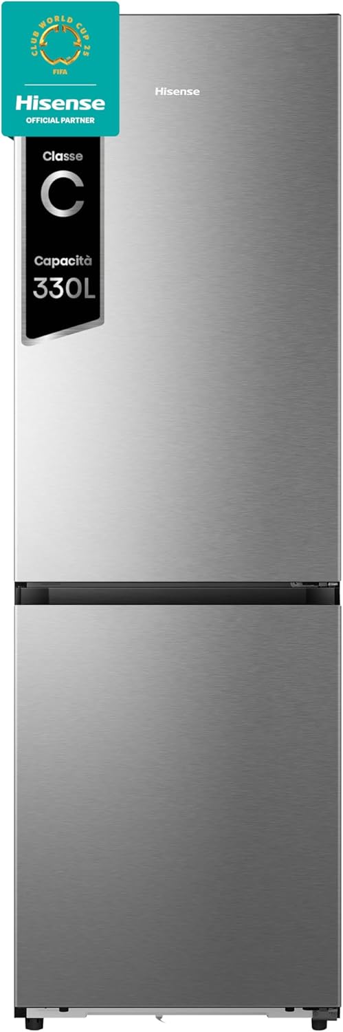 Hisense RB440N4ACA Frigorifero Combinato Total No Frost, Inox, 200x60 cm, Risparmio Energetico Classe A, Grande capacità 335L, Bassa Rumorosità 35db, Porta reversibile, Motore inverter