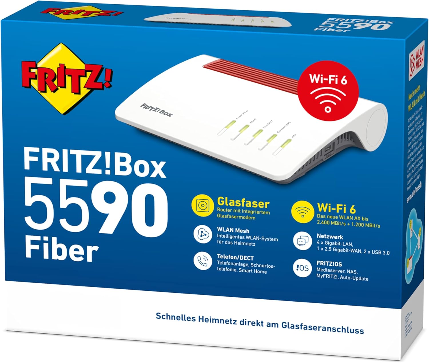 AVM Fritz!Box 5590 Fiber (Wi-Fi 6 Glasfasermodem (WLAN AX), bis 2.400 MBit/s (5 GHz) und 1.200 MBit/s (2,4 GHz), WLAN Mesh, DECT-Basis, 2,5-Gigabit-Port, weiß, geeignet für Deutschland)