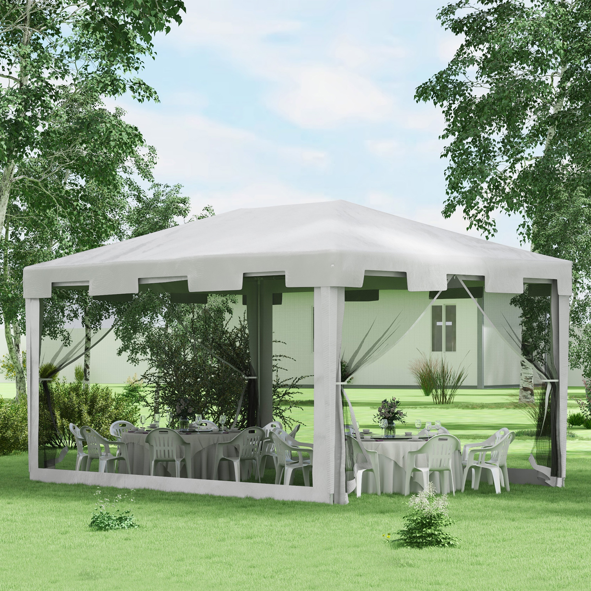Outsunny Pavillon Gartenzelt 3 x3 m Pavillon, wetterbeständig, faltbar, 395cm x 295cm x 255 cm, Weiß