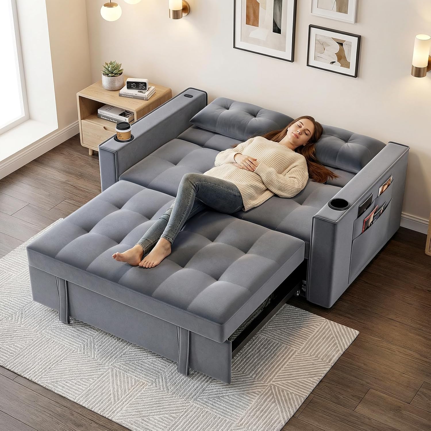 3-in-1 Pull Out Sofa Bed with Charging Station, Cup Holder & Side Storage - 70