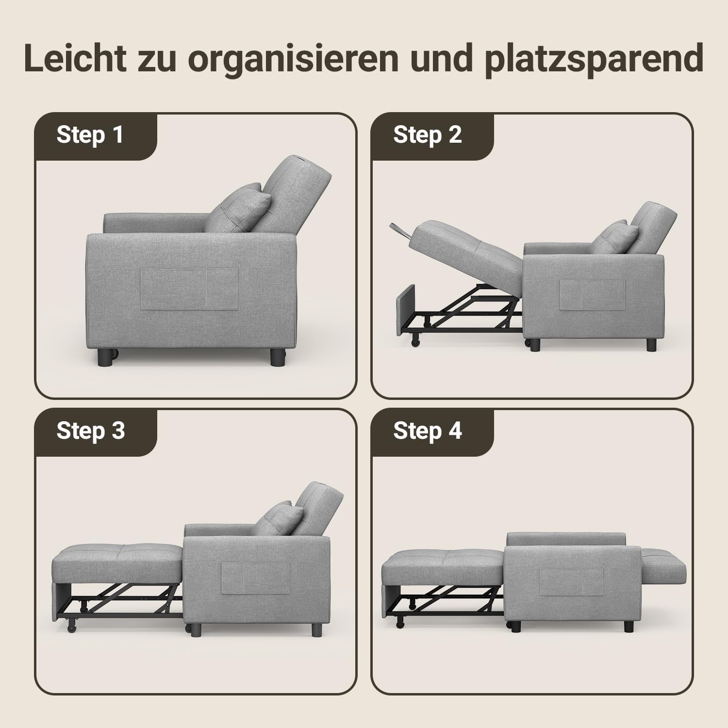 Xbro Schlafsessel 3-in-1-Convertible-Stuhl-Bett, Schlaferstuhl mit bettfunktion, Verstellbares Schlafsofa mit Kissen und Tasche, Sessel mit schlaffunktio für kleine Wohnung (Hellgrau)