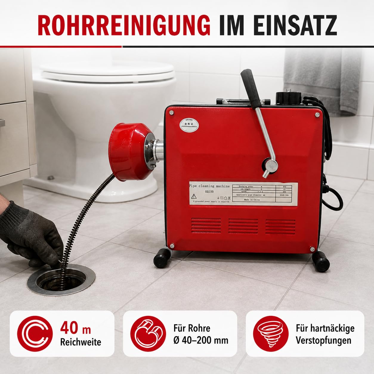 Rohrreinigungsmaschine 850W mit 400 U/min Ausgangsdrehzahl für Rohre Ø40–200 mm, inkl. 20 m Spirale, Biegespirale und 6 Reinigungsköpfen