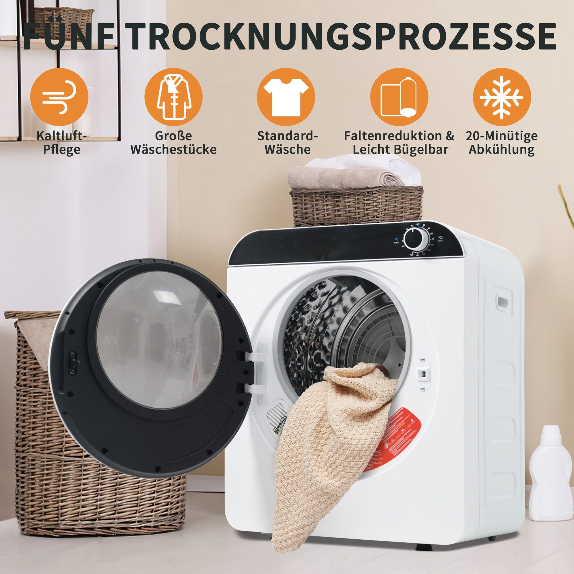 Ablufttrockner Wäschetrockner 3 kg Vier Trocknungsprogramme, drei mit 20-minütiger Kühlphase