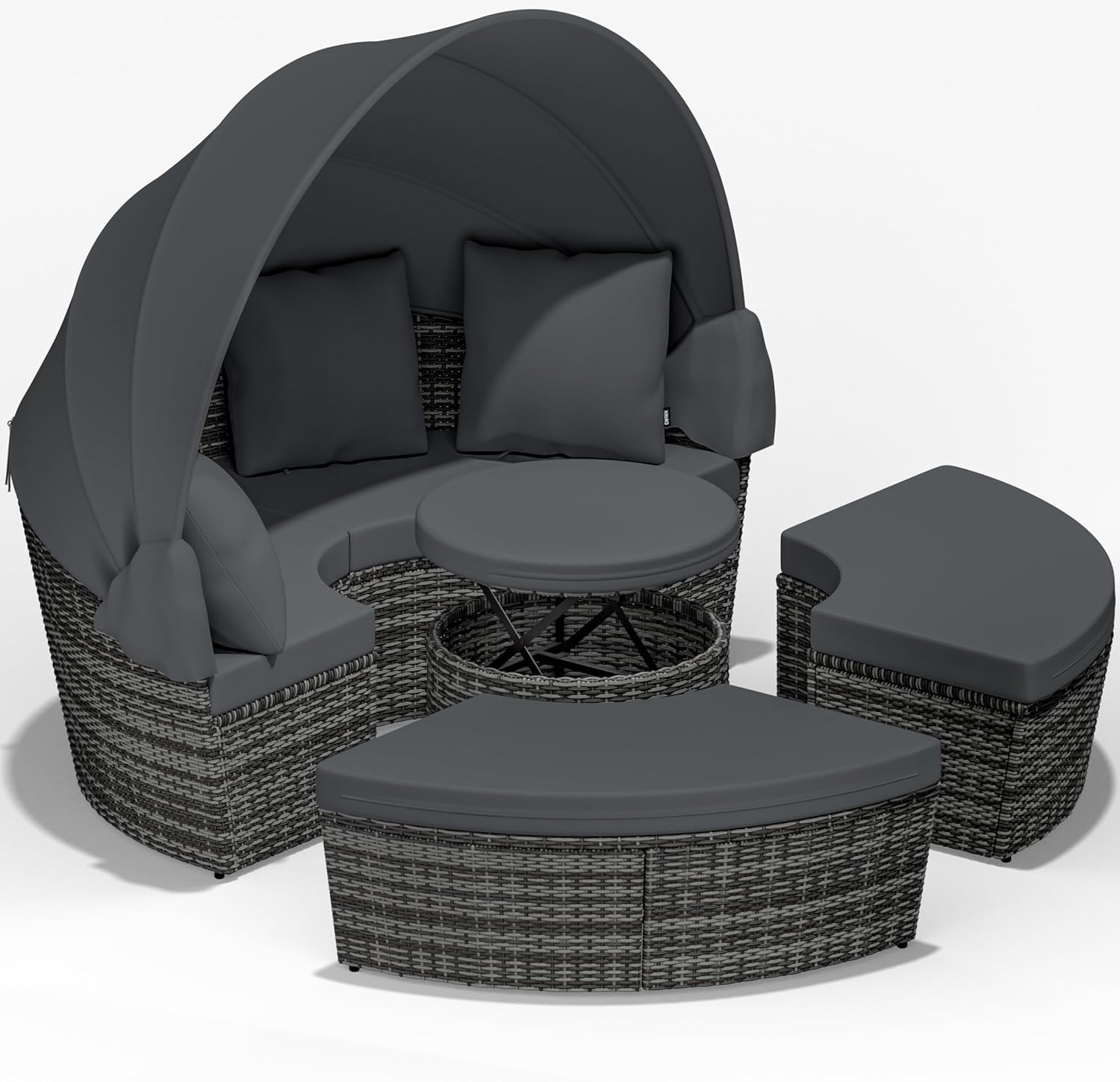 Casaria® Sonnenliege Sonneninsel Wetterfest mit Tisch 185cm Gartenliege 2 Personen Faltbares Sonnendach Relaxliege Gartenmöbel Set Lounge Outdoor Grau