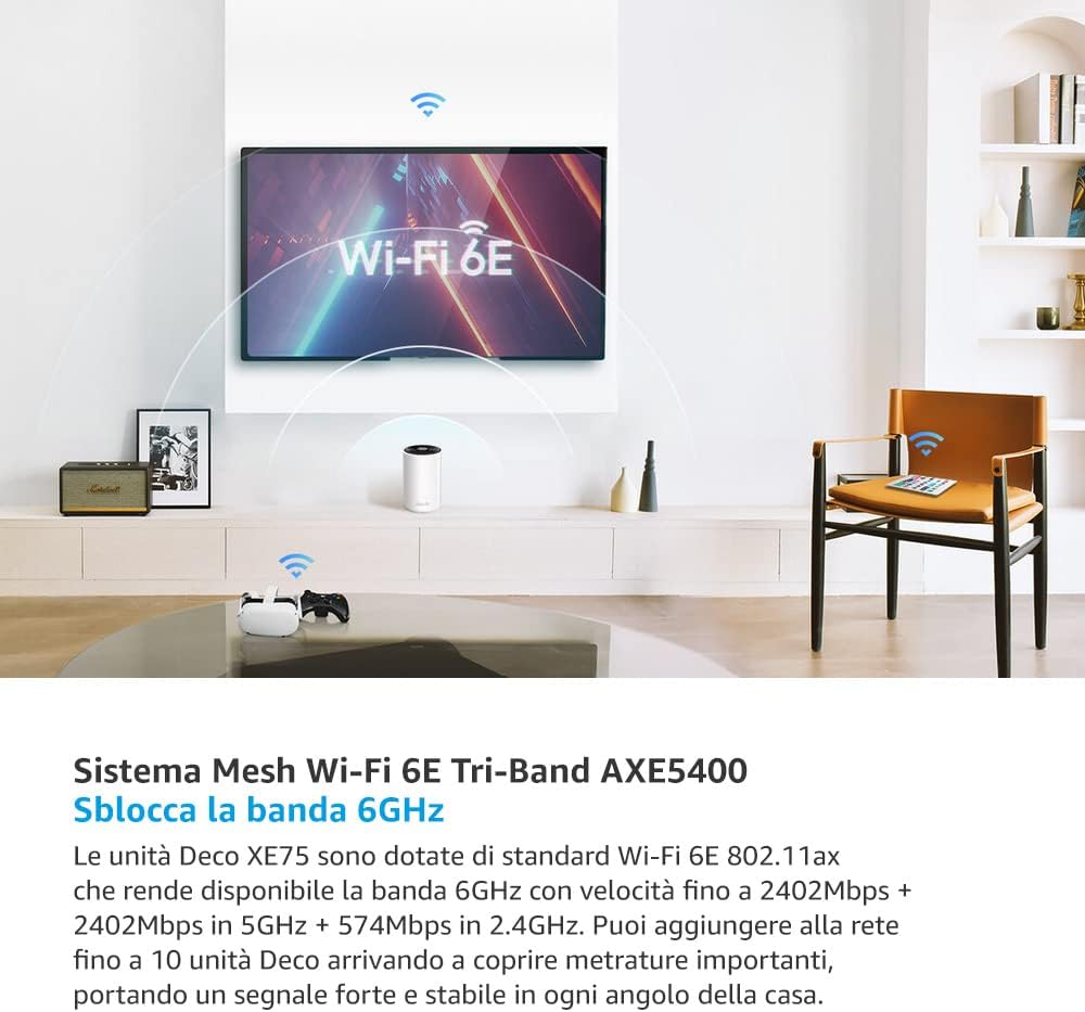 TP-Link Deco XE75 (3-pack) Mesh Router AXE5400 Wi-Fi 6E Tri-Band, Per Tutta La Casa, Porta Gigabit, 802.11ax 6 GHz, AI-Driven, TP-Link HomeShield, MU-MIMO, OFDMA