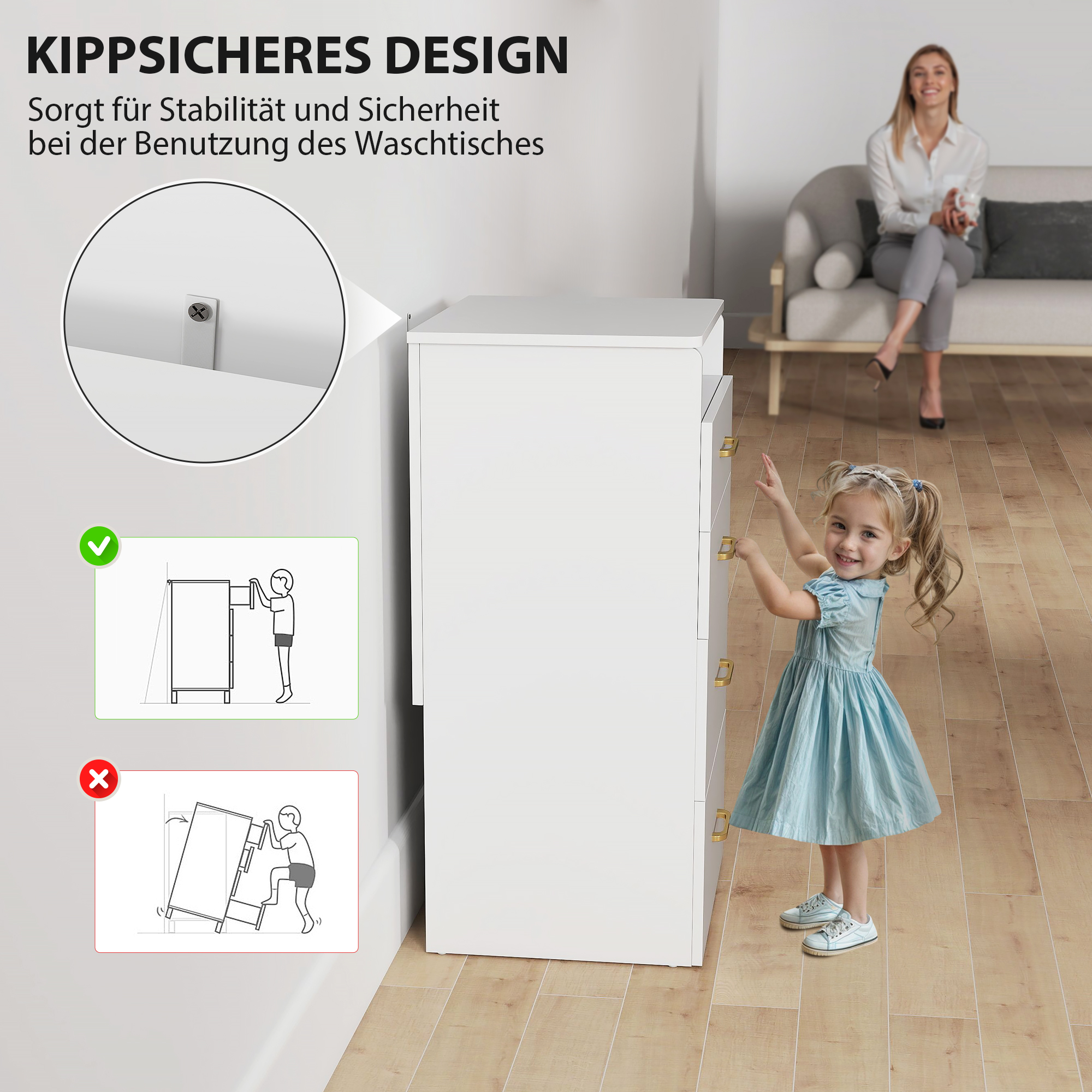 3-in-1 Make-uptafel met Spiegel, Nachtkastje, Rollende Kruk, Lades, Wit