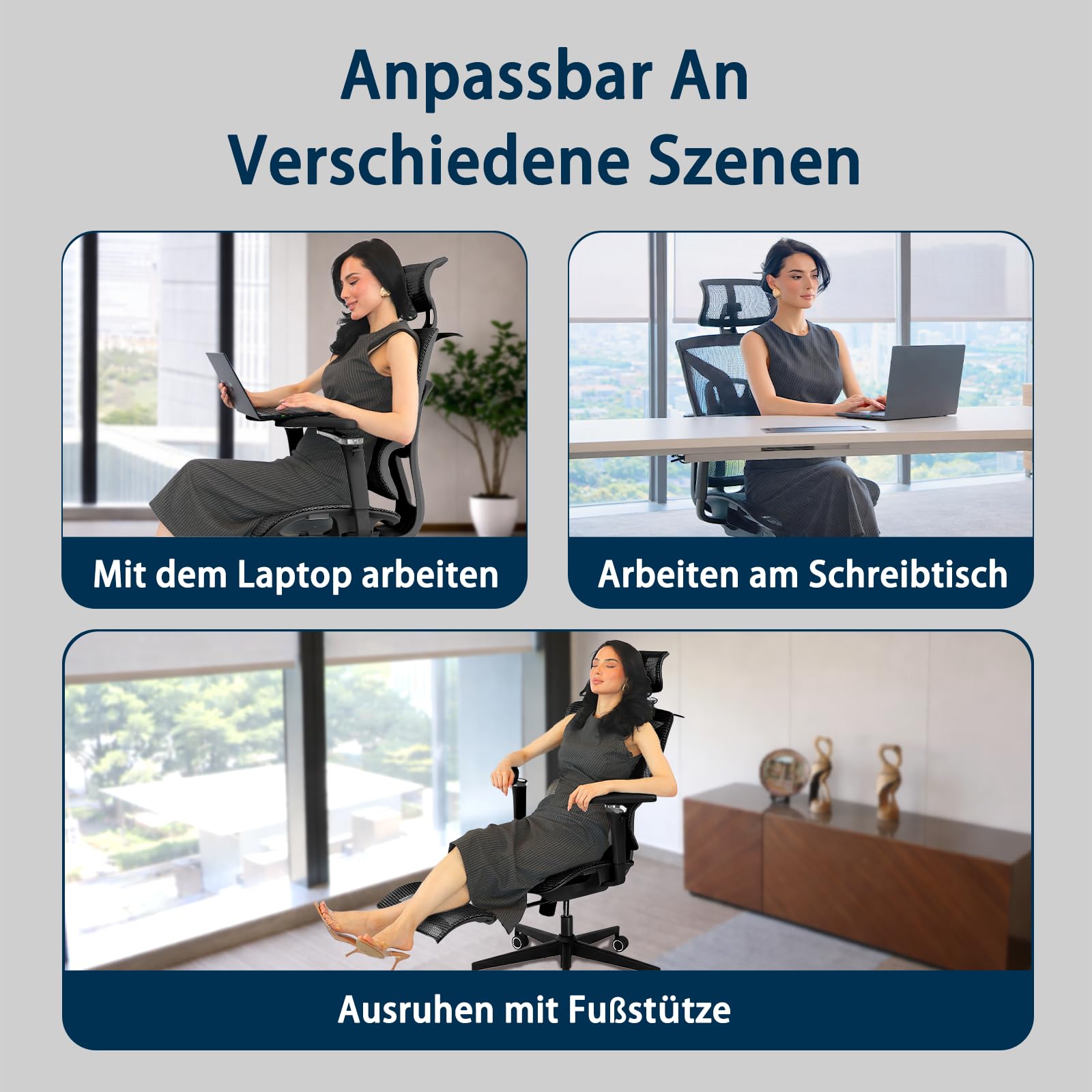Ergonomischer Bürostuhl für große und schwere Personen mit Fußstütze, 5D-Armlehnen, Lendenstütze und Netz-Rückenlehne in Schwarz