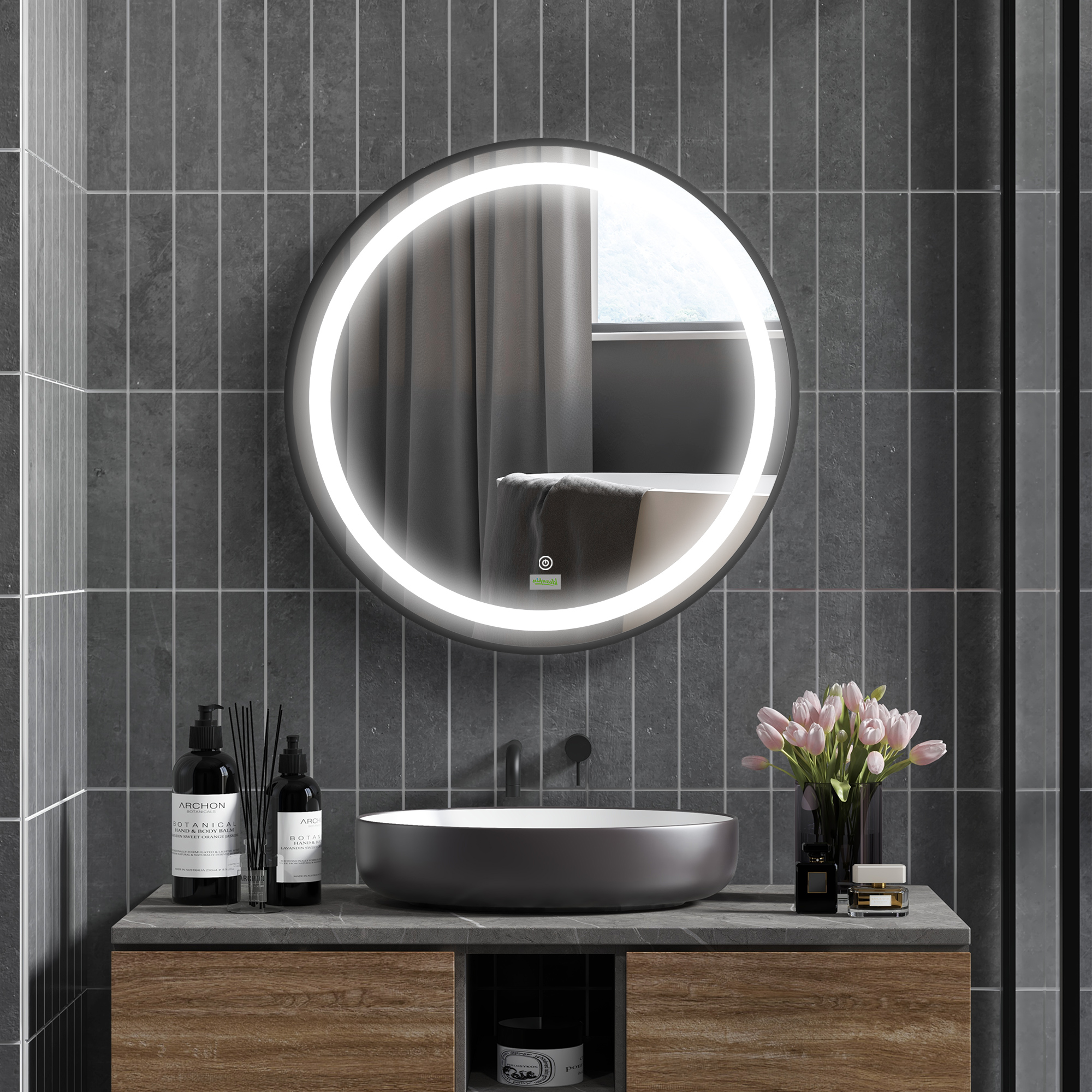 kleankin Badezimmerspiegel, LED-Beleuchtung, dimmbar, 3 Lichtfarben, Metallrahmen, Ø60 cm, Schwarz