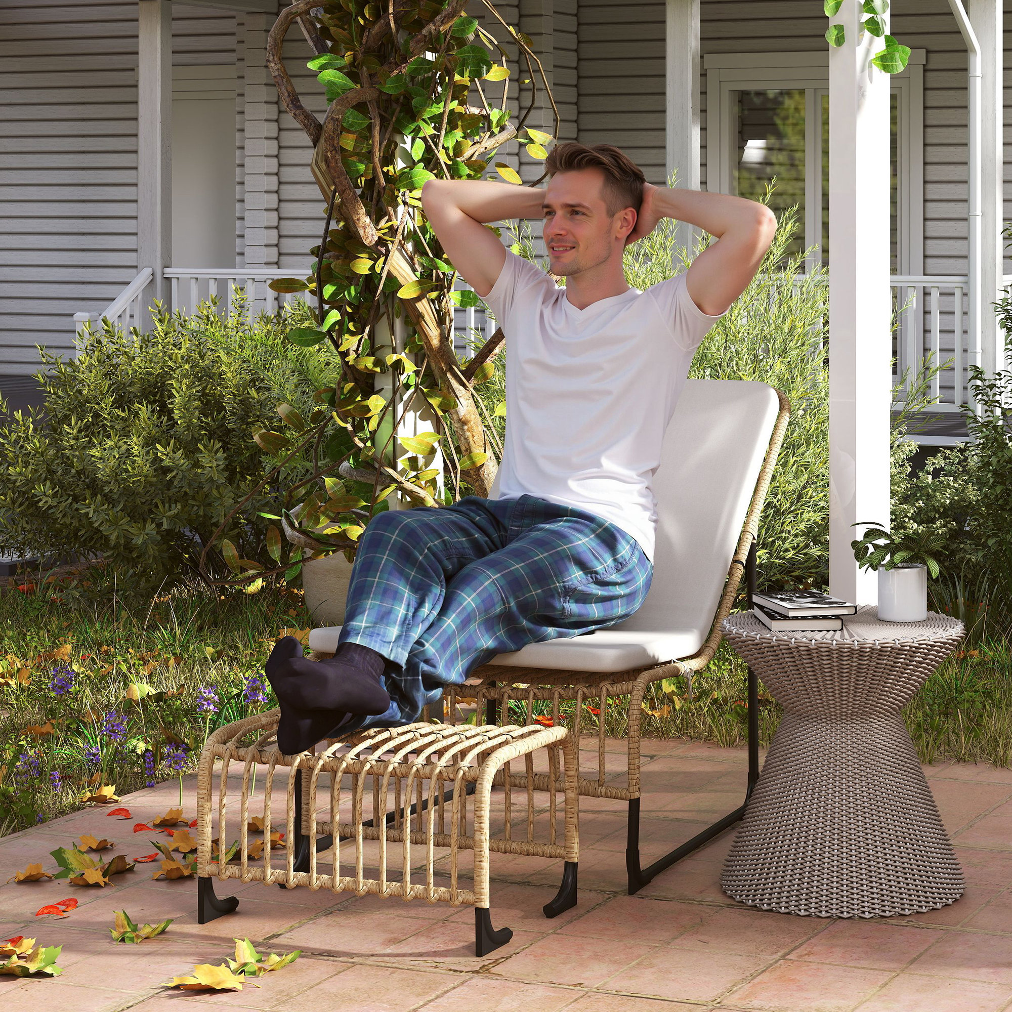 Outsunny Rattan Relaxsessel mit Fußhocker UV-beständig Gartensessel mit Kissen Bänder 65 x 93 x 80 cm Naturholz