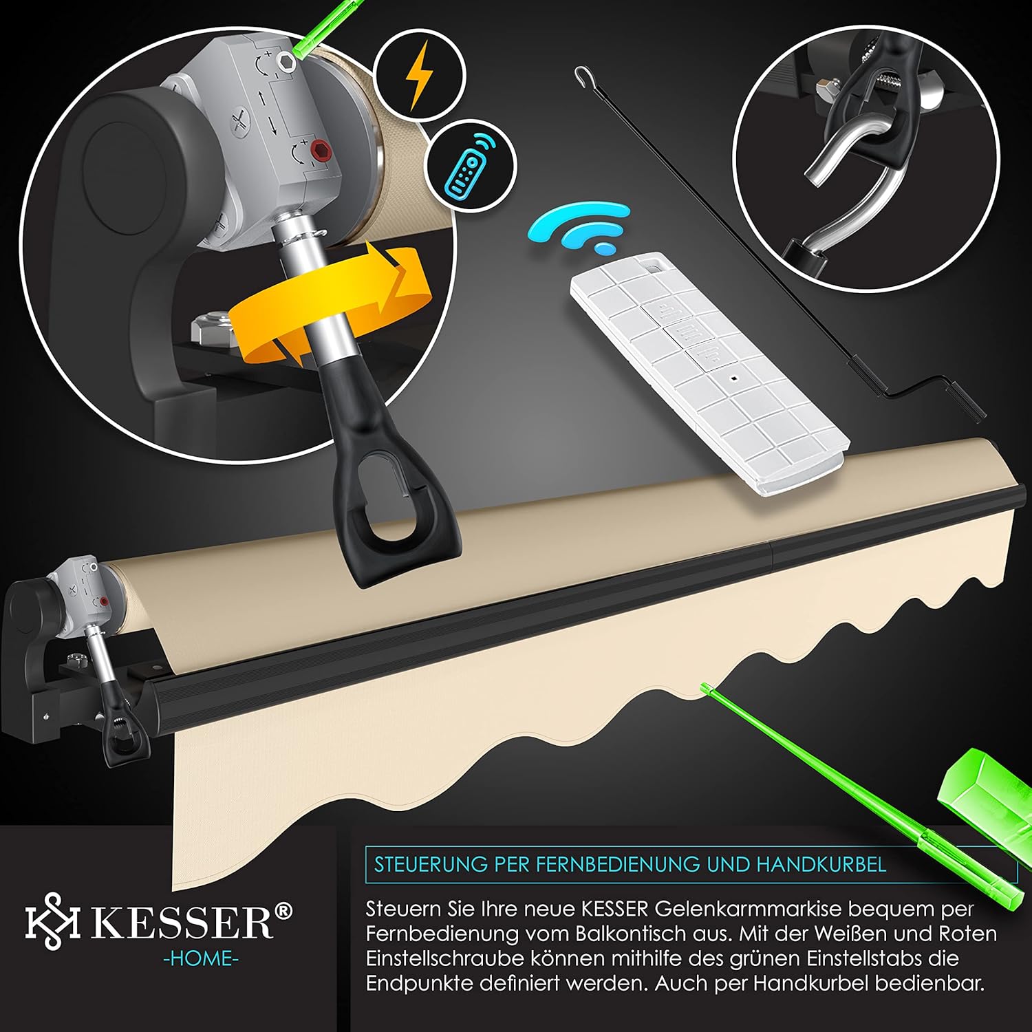 KESSER® Elektrische Gelenkarmmarkise mit Fernbedienung Markise Gelenkmarkise 250 x 200cm Terrassenmarkise Klemmmarkise Sonnenmarkise inkl. Wandhalterung Sonnenschutz Balkonmarkise Beige