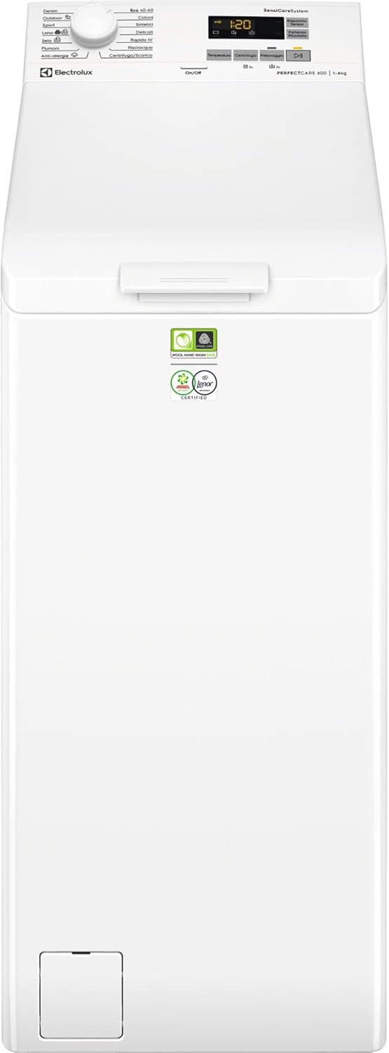 Electrolux 700 Lavatrice a Carica Dall'alto, 7 kg, EW7T337A, Classe A, Tecnologia SteamCare e Tecnologia SensiCare, Display LED con Touch Control, Giri 1251, 600x400x890 mm, Bianco
