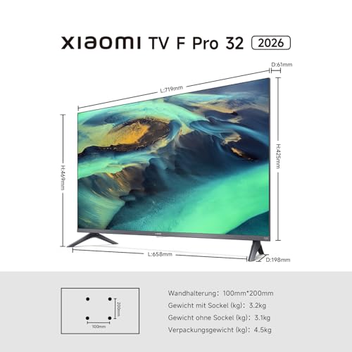 Xiaomi TV F Pro 32, 32 Zoll (81 cm), QLED, Smart TV, Fire OS7, Triple Tuner DVB-C/S/S2/T/T2,Dolby Audio™, DTS Virtual:X, DTS-HD, Sprachsteuerung mit Alexa, Kompatibel mit Apple AirPlay