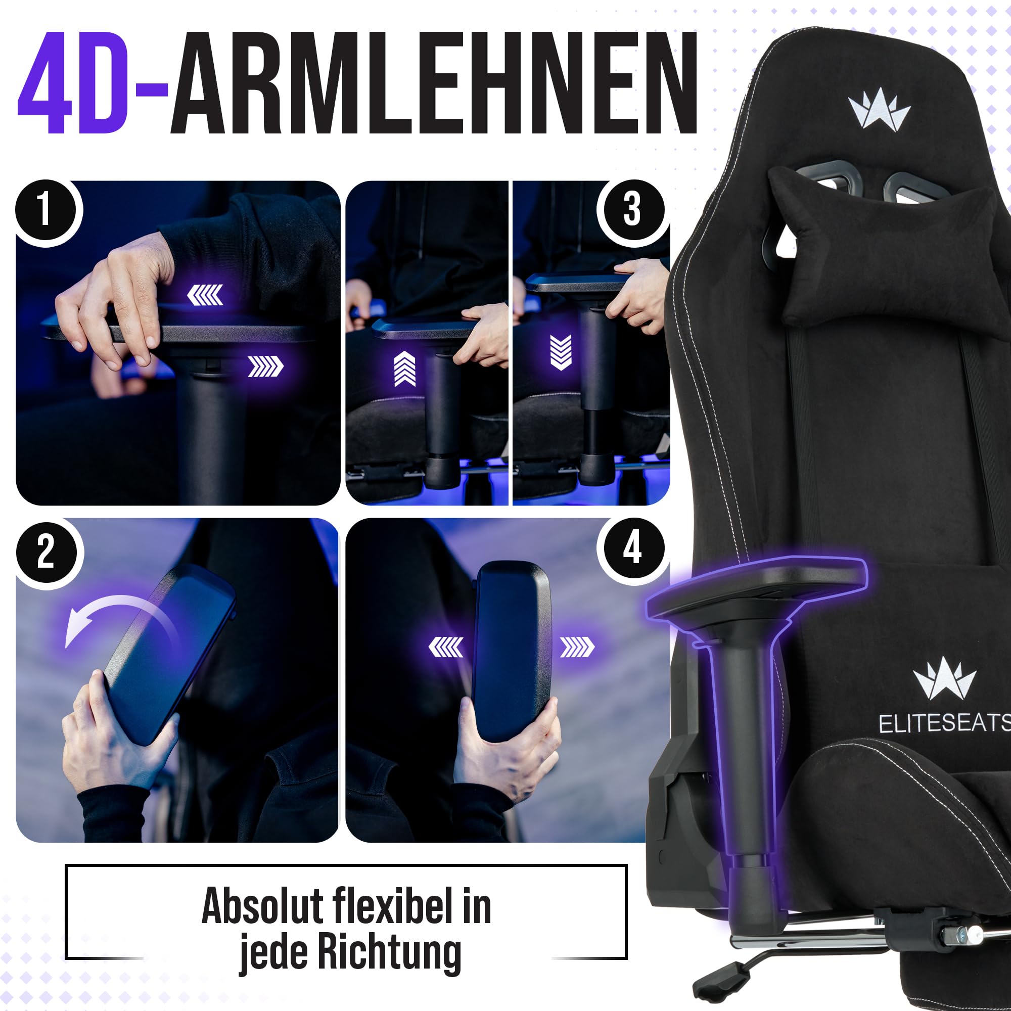 Gamingstuhl ergonomisch mit Fußstütze und 4D-Armlehnen, belastbar bis 150 kg, Schwarz