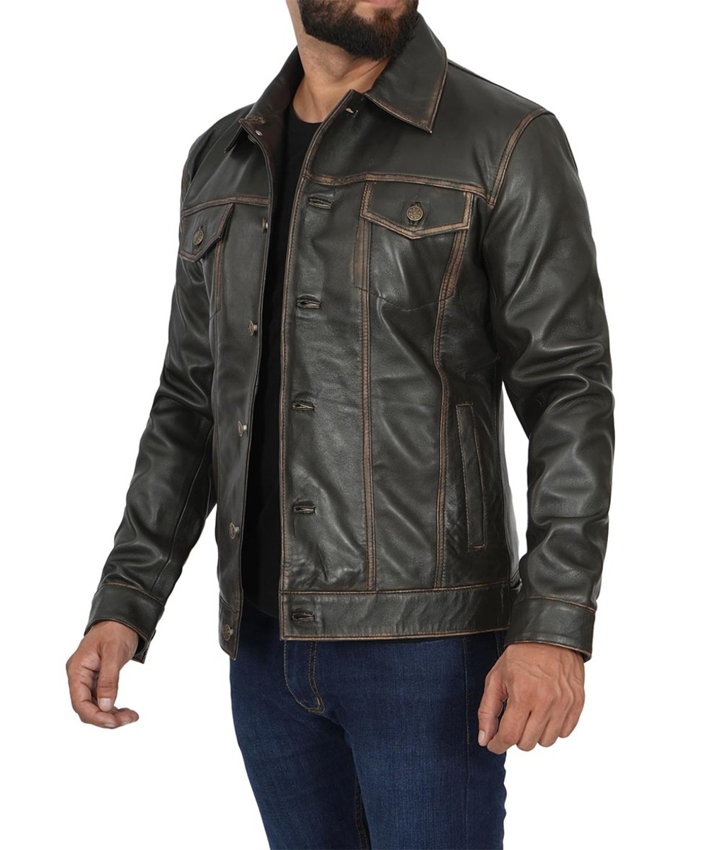 Mens Dark Brown Leather Trucker Jacket