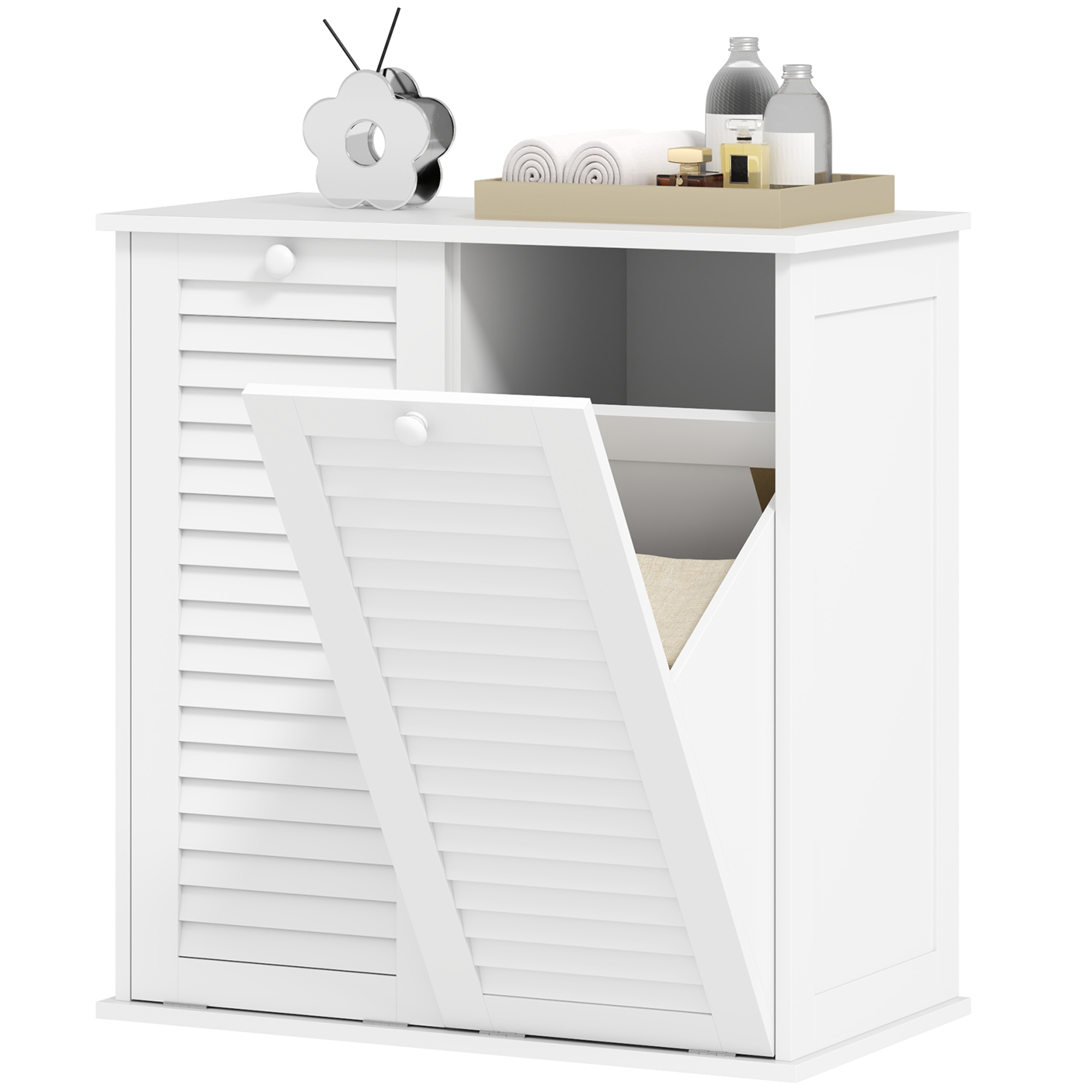 HOMCOM Wäscheschrank, 2 Kippbehälter für Wäsche, 2 Lamellentüren, 70 x 38 x 73 cm, Weiß