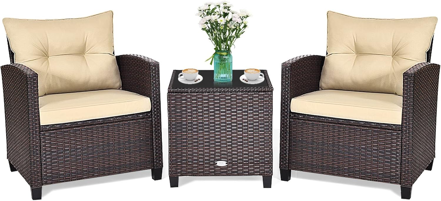 GIANTEX Set di Mobili da Giardino, in Rattan, 3 Pezzi Mobiletti, 1 Tavolino + 2 Poltrone, Salottino da Esterno, con Cuscini per Balcone, Giardino, Cortile, Terrazza, 3 Colori (Beige)