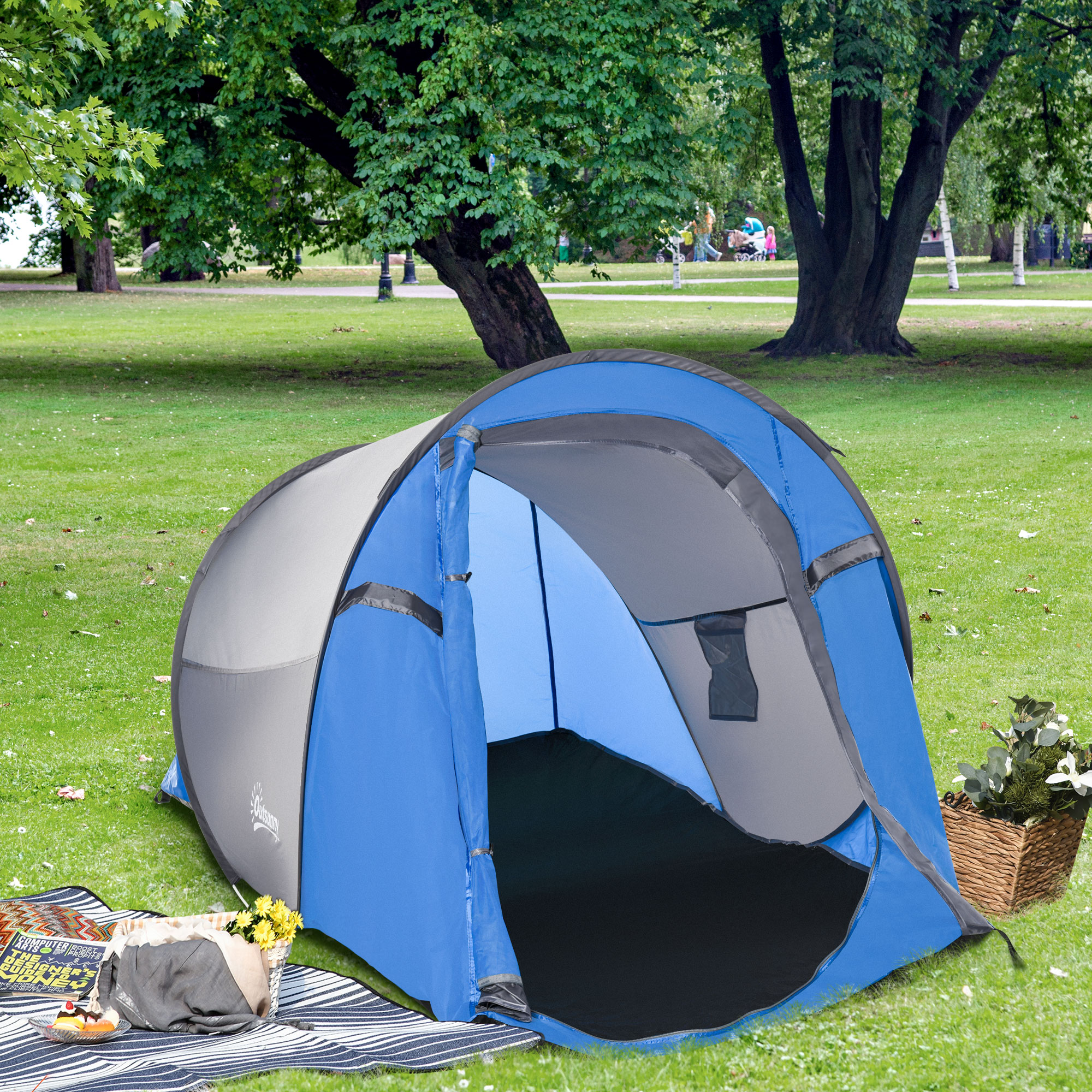 Outsunny Pop-up Campingzelt - 2-Personen Campingzelt - 1 Tür + 2 Fenster - Abmessungen 2,2L x 1,08B x 1,1H m - Fiberglas Polyester Blau Grau