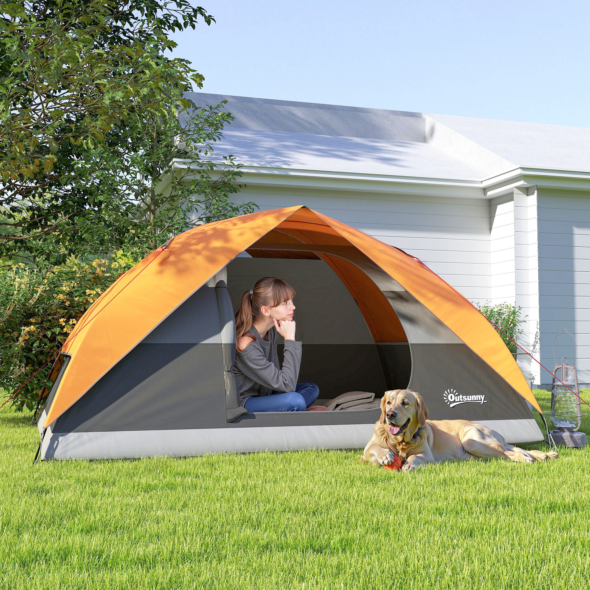 Outsunny Campingzelt für 3 Personen Wasserdicht mit Taschen, Deckenhaken für Laterne und Transporttasche, Orange