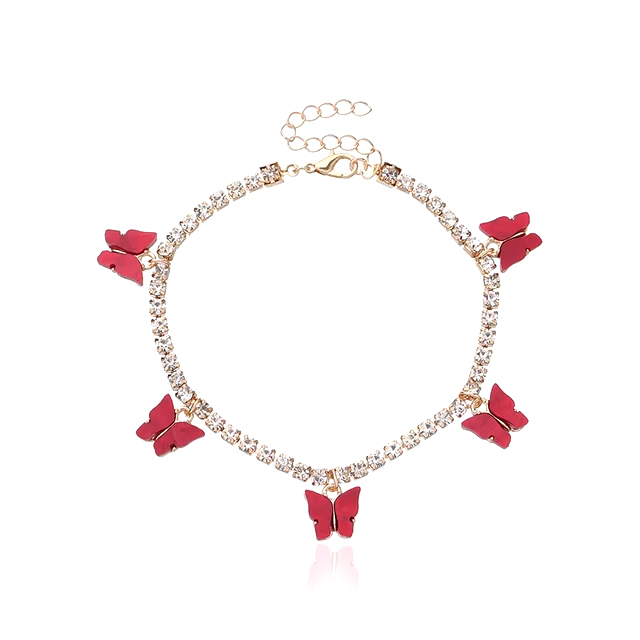 Red Butterfly Anklet Sterling Silver Shiny Rhinestone Crytal Foot Chain