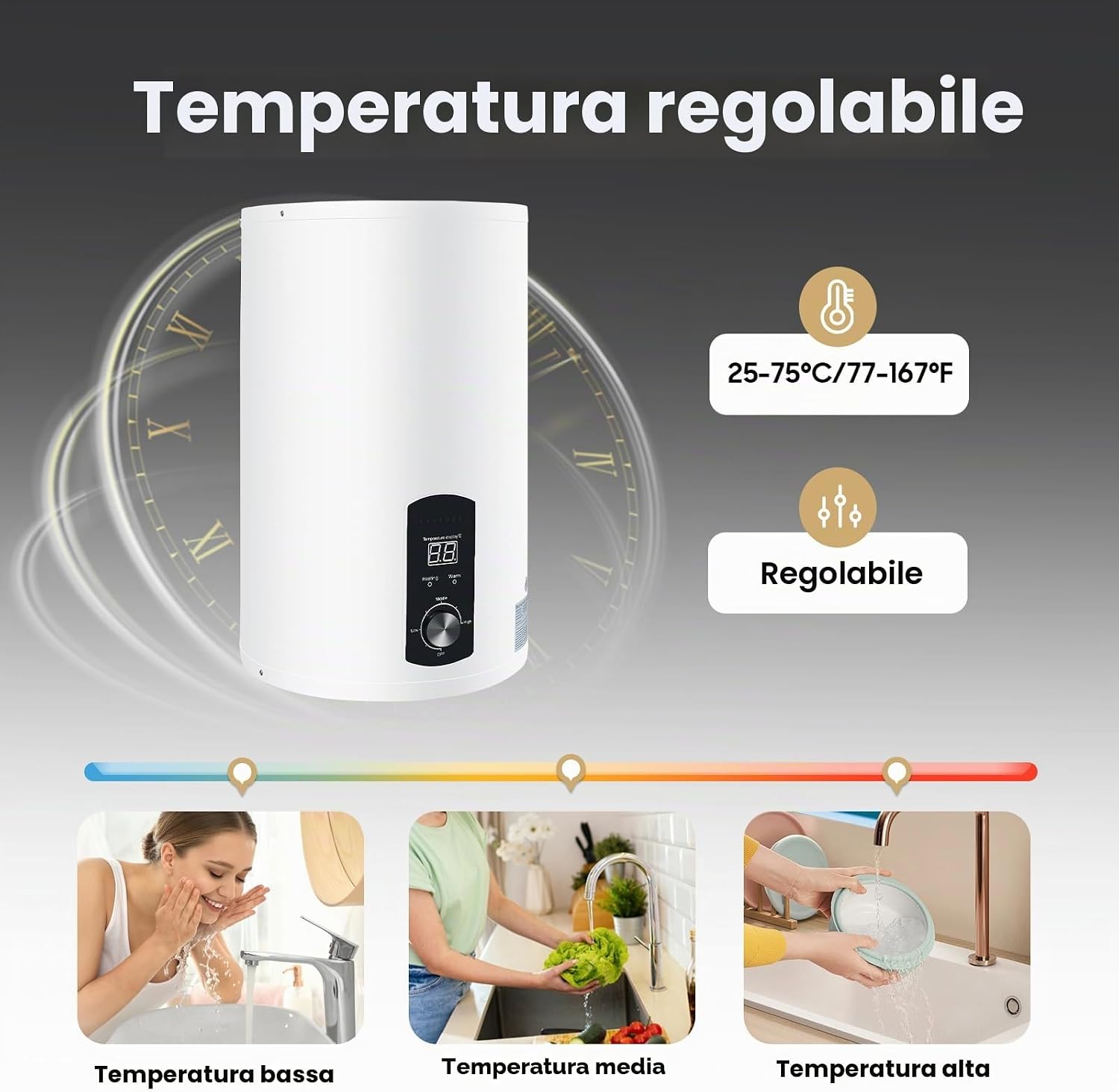 Scaldabagno elettrico verticale da 50 l, 2000 W, Boiler Elettrico, Scaldacqua Elettrico, Scalda Acqua Istantanea, regolabile da 220 V, per cucina e bagno