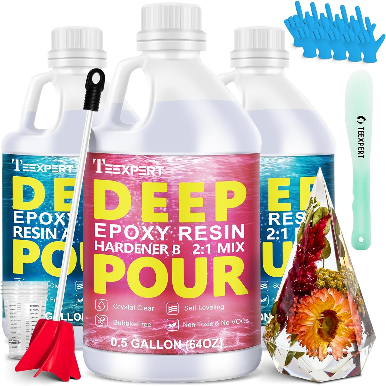 Crystal Clear Deep Pour Epoxy Resin Kit &ndash; 2 4&prime;&prime; Pour Depth, High Gloss, Bubble Free, Ideal for River Tables & Crafts, 2:1 Mix, 4.5 Gallon Total