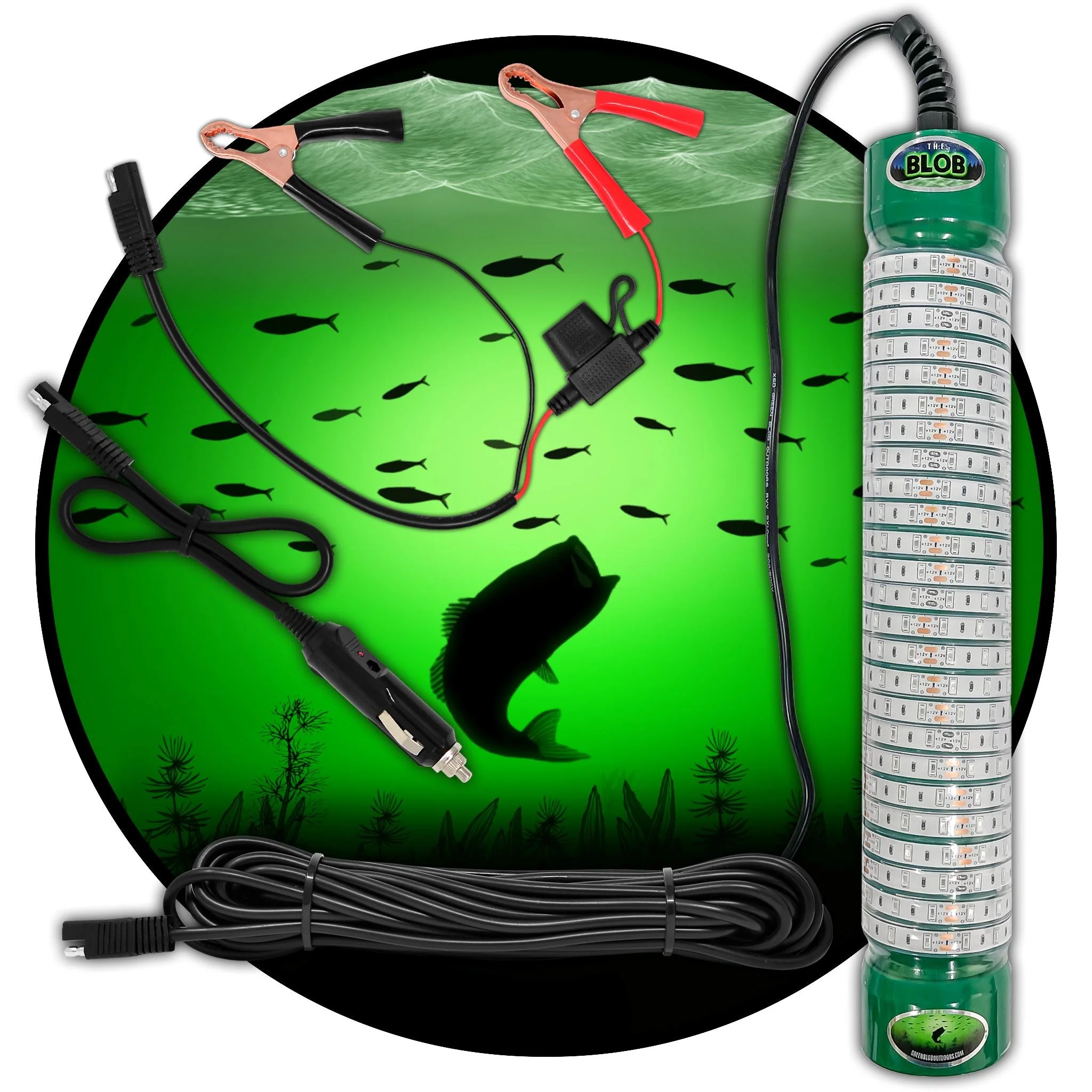 Green Blob Outdoors Underwater Night Fishing Light 15,000 Lumen for Boats includes Alligator Clips & Cigarette Lighter w/ 30ft Cord,