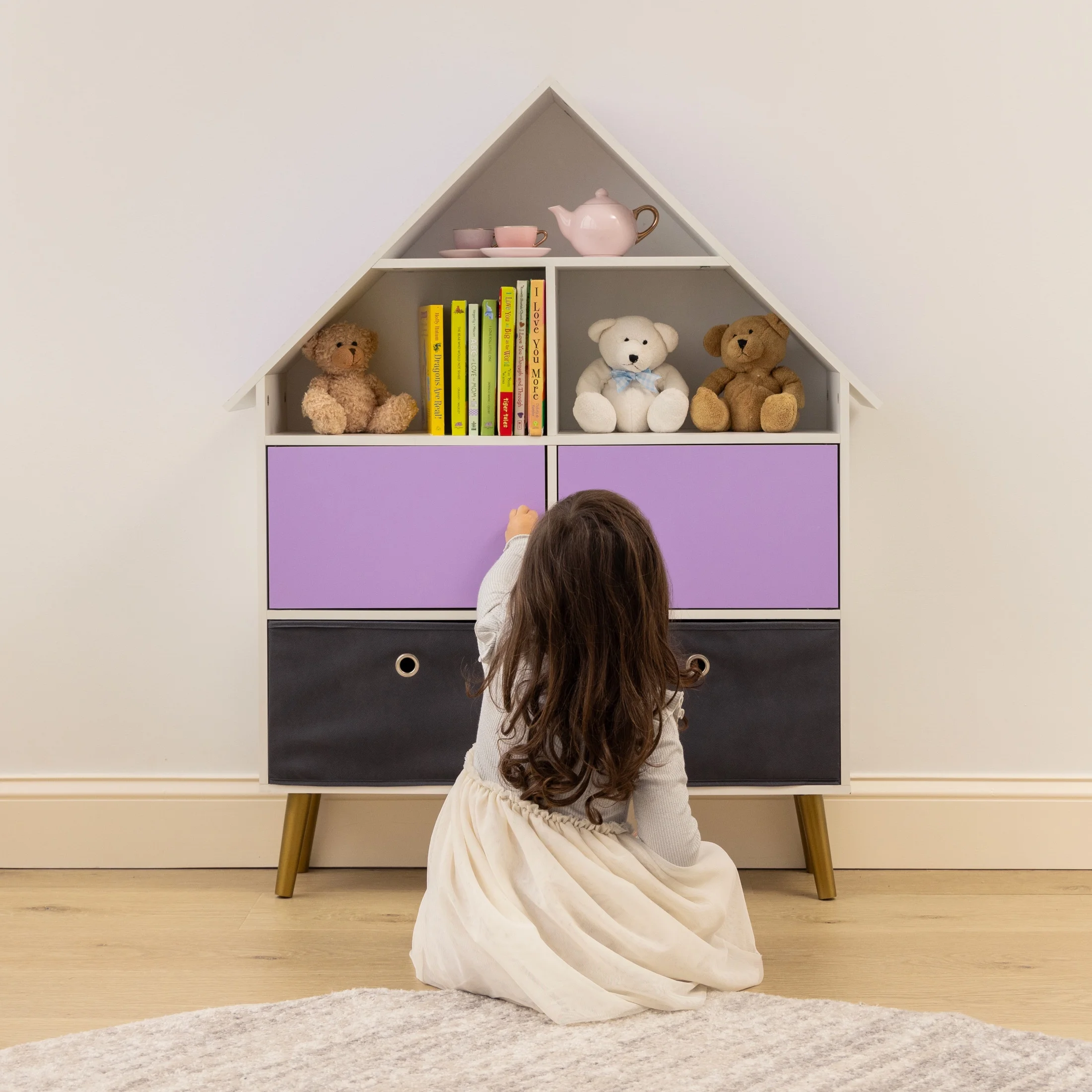 Humble Crew Kids Toy Storage Organizer & Dollhouse Bookcase with 2 Fabric Bins, Purple/White